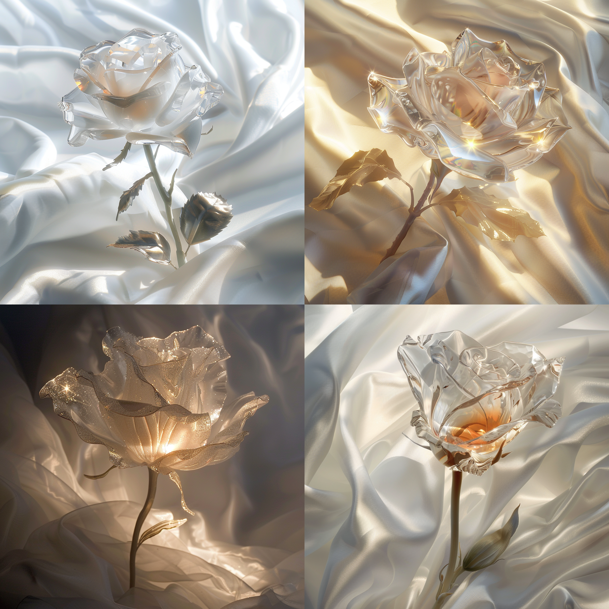 水晶玫瑰在白色丝绸布景前，逆光映射。主体三分之一处，水晶透明、晶莹剔透。高对比度，冷暖色调，微距镜头，柔光，静态。