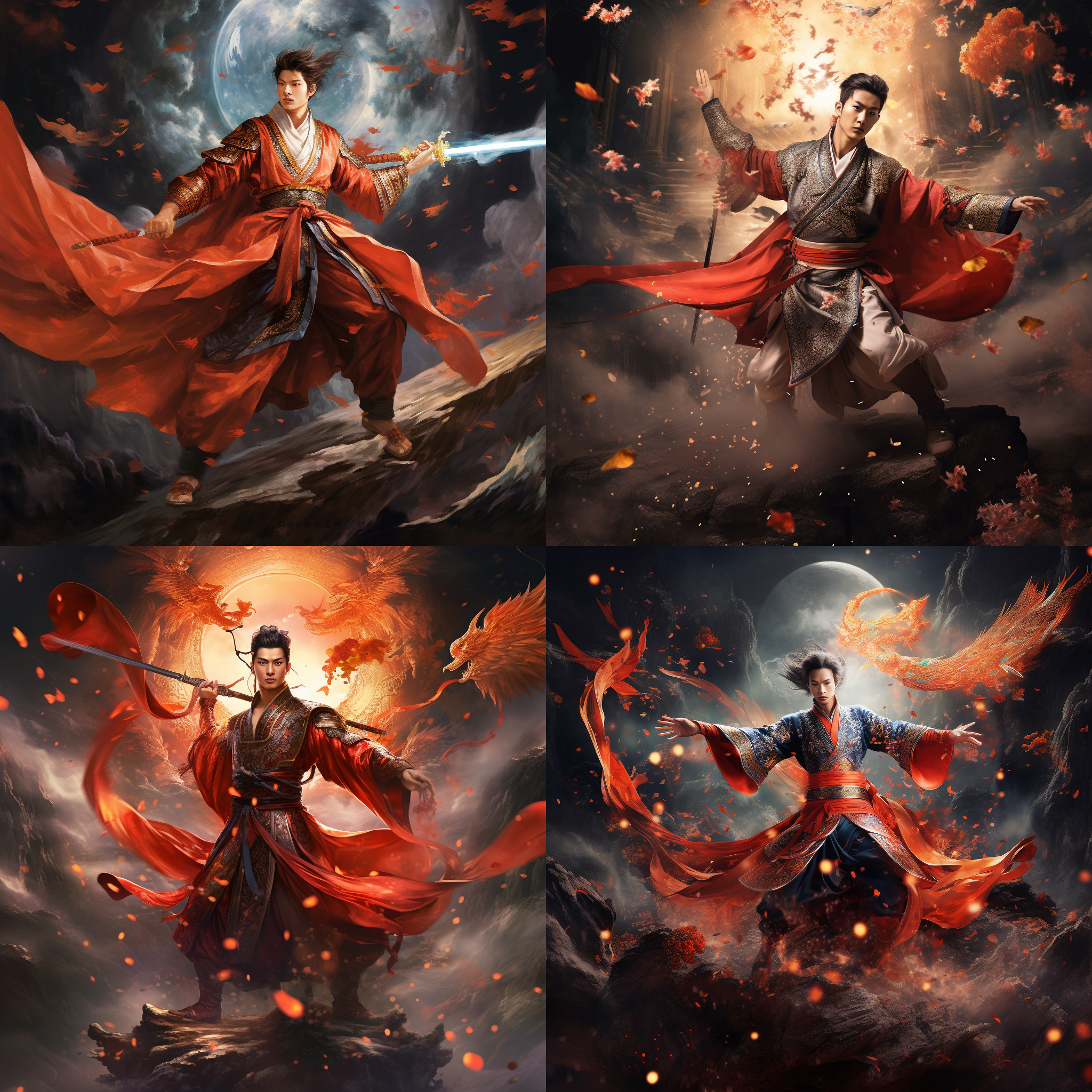 chinese men in ancient costume, metaphysical world, imperial sword flying action, vermillion bird fighter, cosmic stars