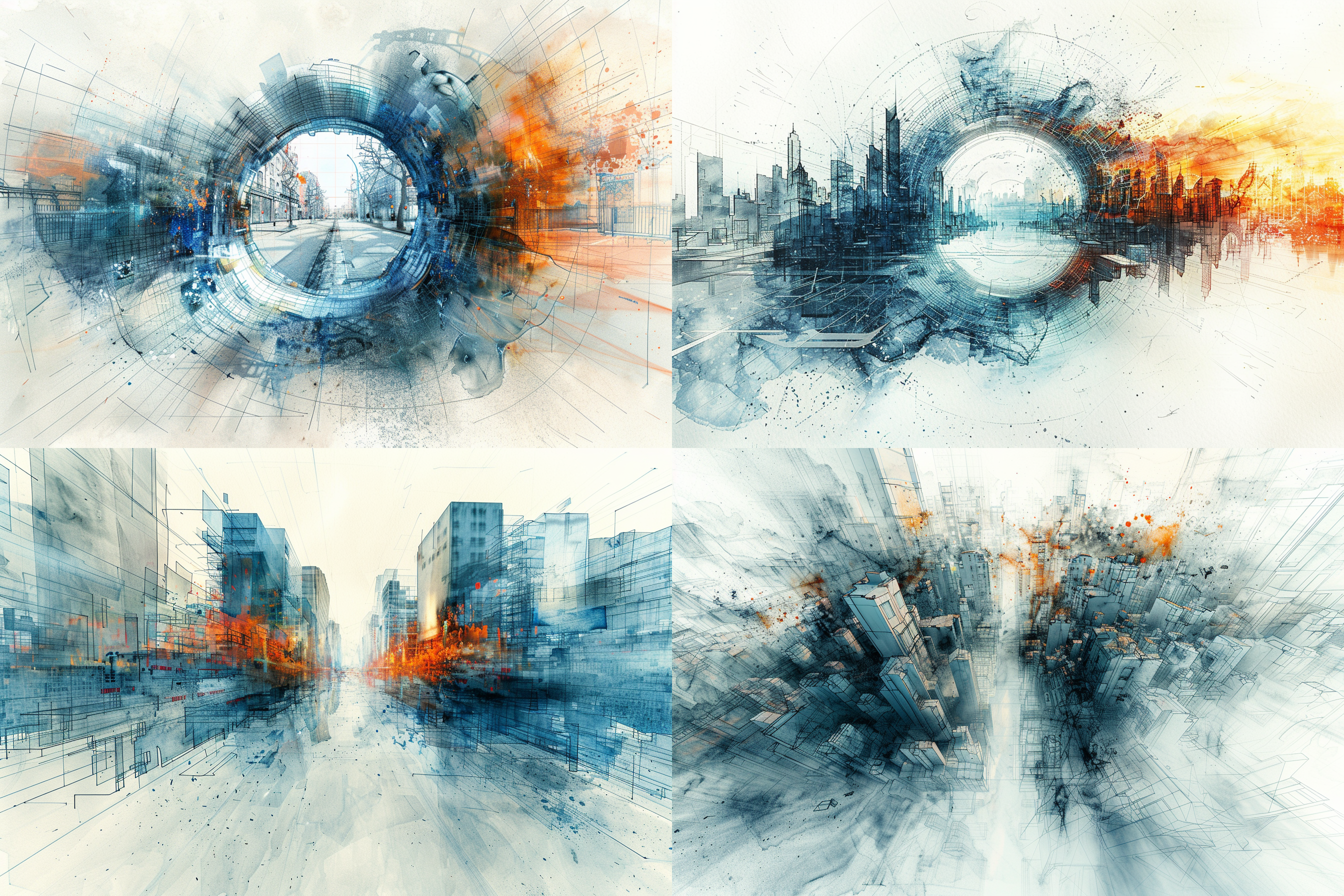 平行世界的立体结构图，手绘线稿、浅墨淡彩，全景广角，俯视视角，移轴