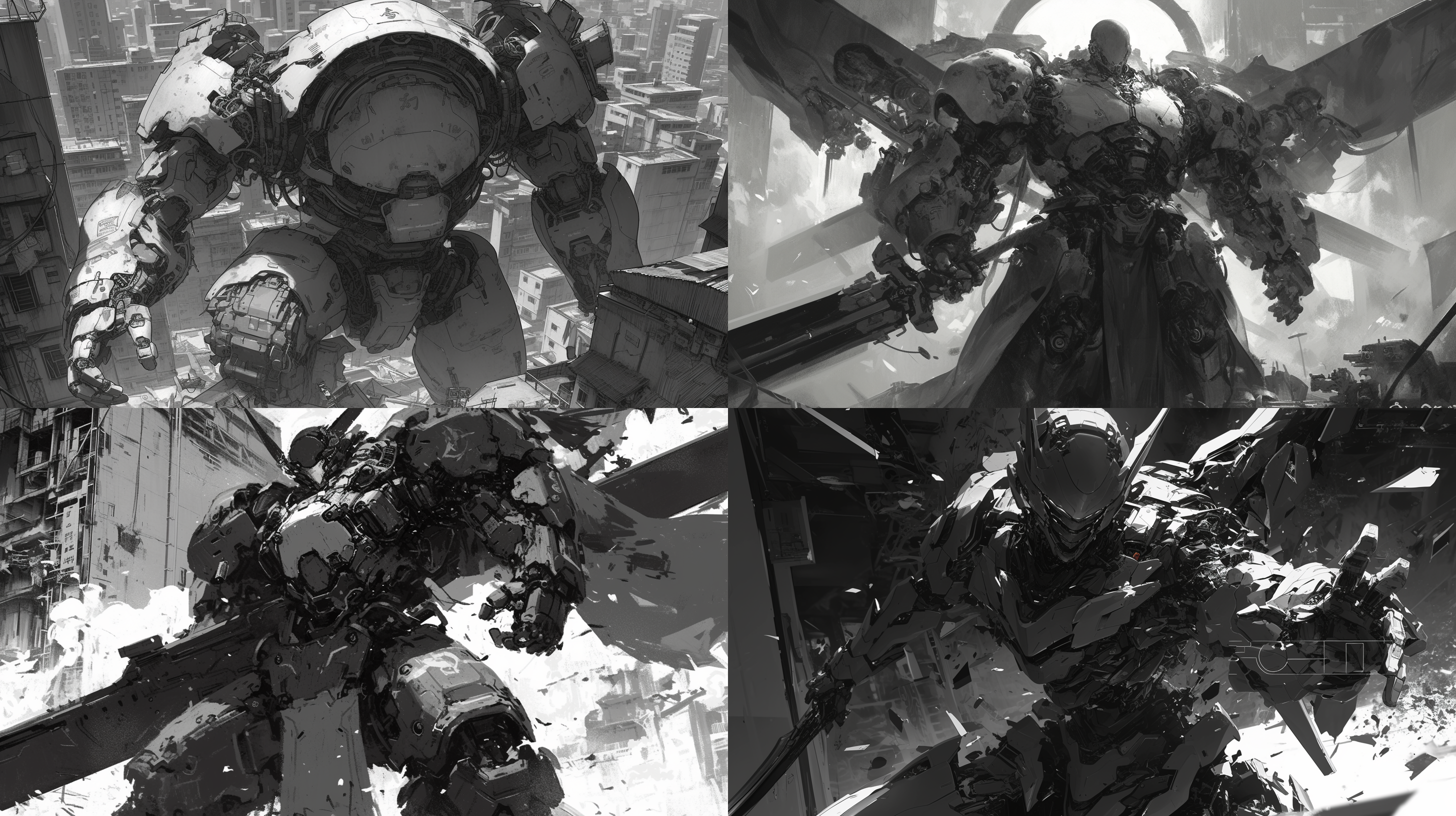 中国风机甲半跪城市废墟，黑白相间，巨大身形，战损痕迹，漫画风格，半身镜头，胸部战损细致，高光阴影对比，广角视角，动态模糊，金属质感，紧张氛围，冷色调，强烈动感。 末日城市 废墟 侧身 赛博迪利克