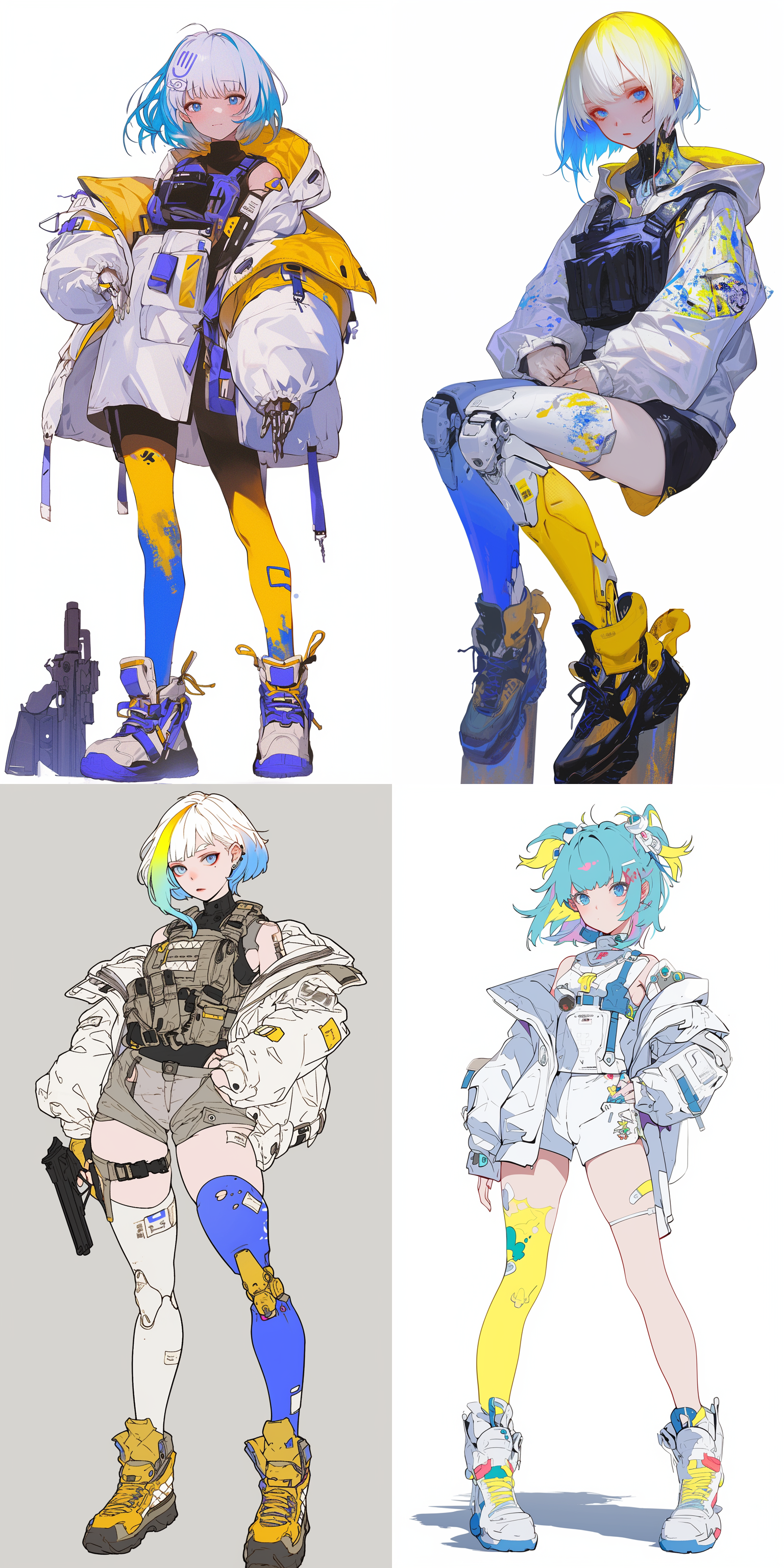 虹彩发色的短发少女，群青色眼睛，性格冷漠，白色防弹衣，白色彩漆涂鸦机械腿部，黄蓝色高筒军靴，二次元角色设计数字绘画，自设角色，设计图稿