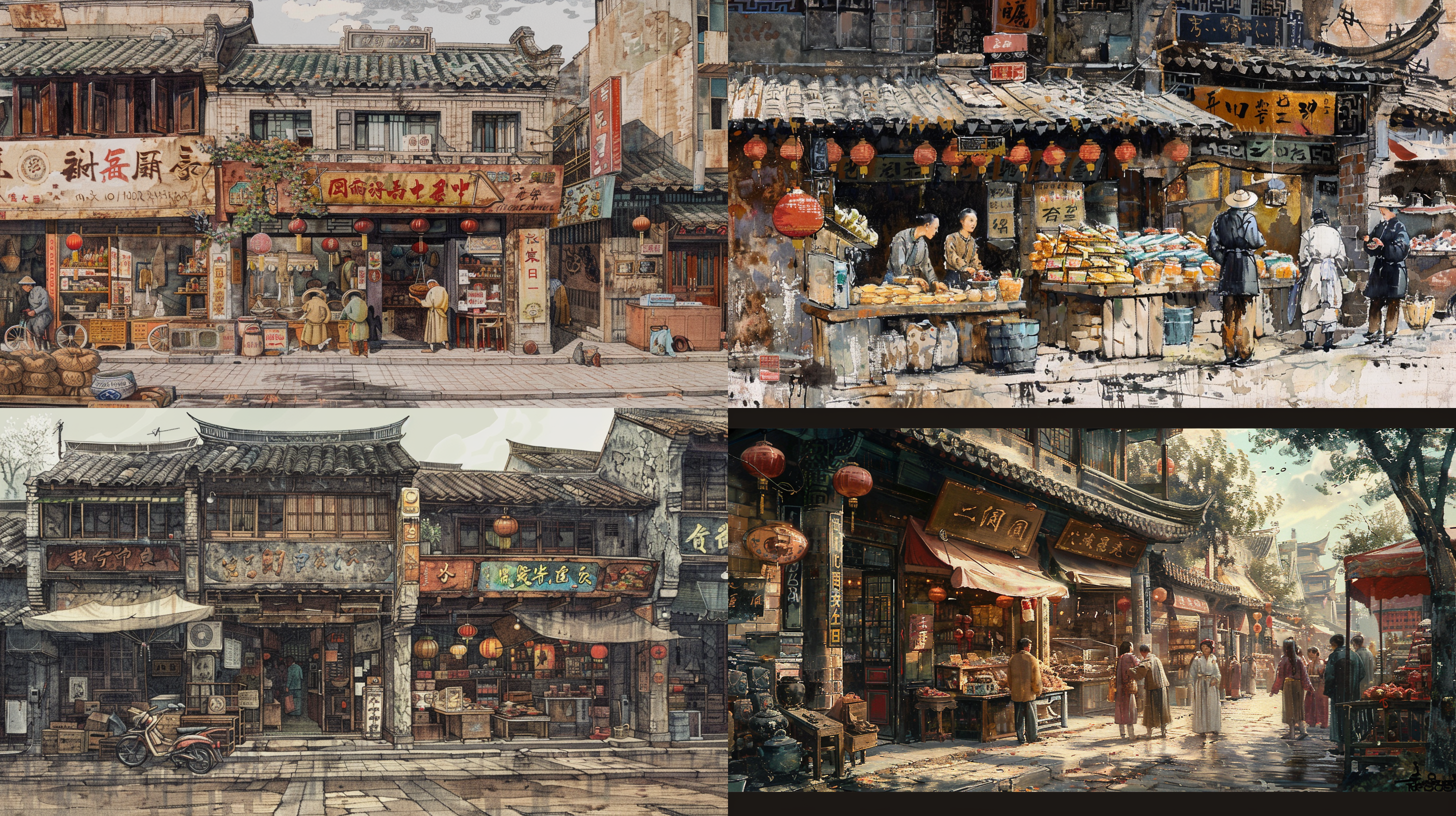 中国画，中国北方的明清街道，各种店铺和招牌，手绘细节丰富，手绘线条流畅，色彩柔和明亮，一点透视，剧中构图，全景，大广角