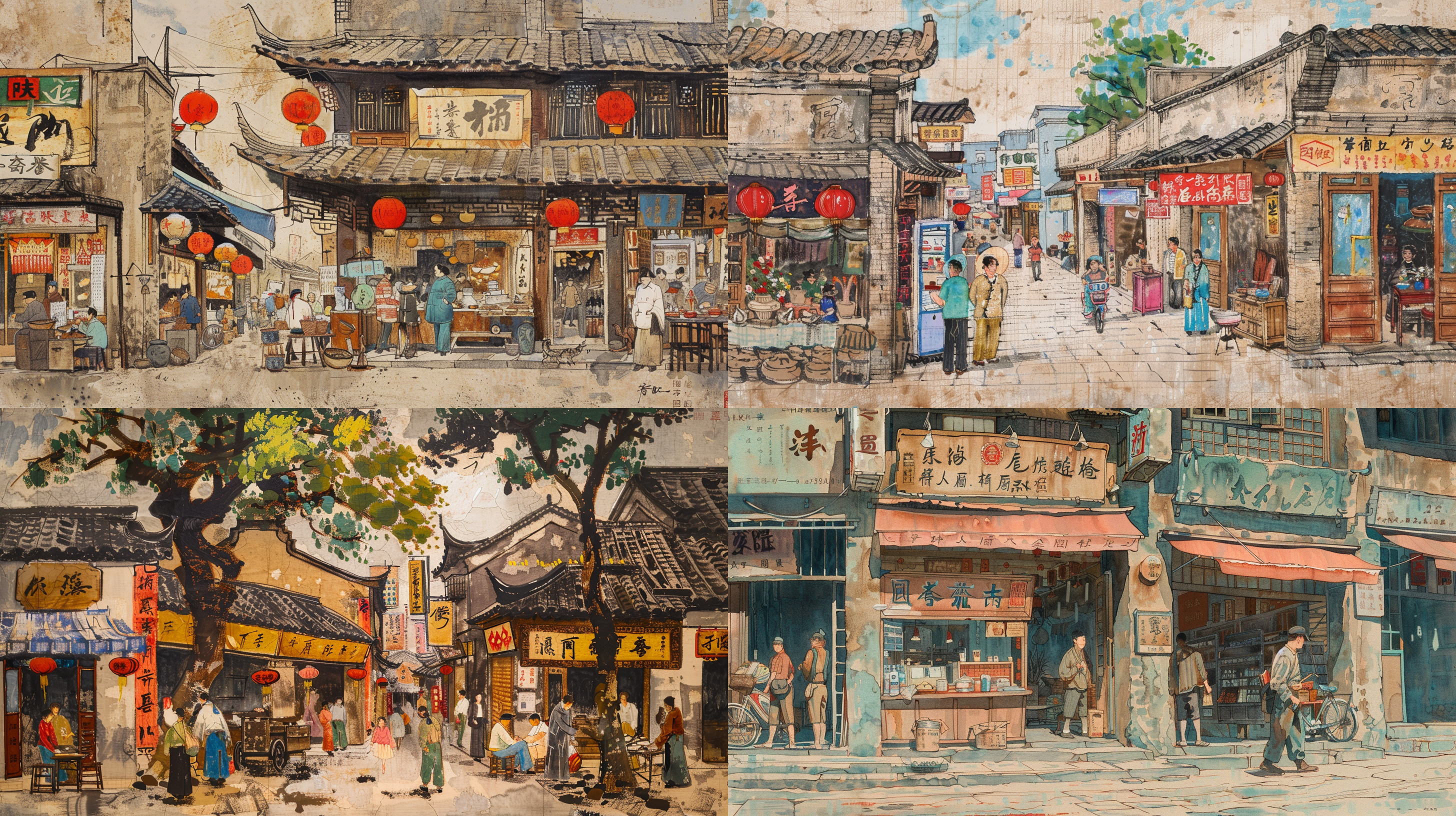 中国画，中国北方的明清街道，各种店铺和招牌，手绘细节丰富，手绘线条流畅，色彩柔和明亮，一点透视，透视点居中构图，全景，大广角