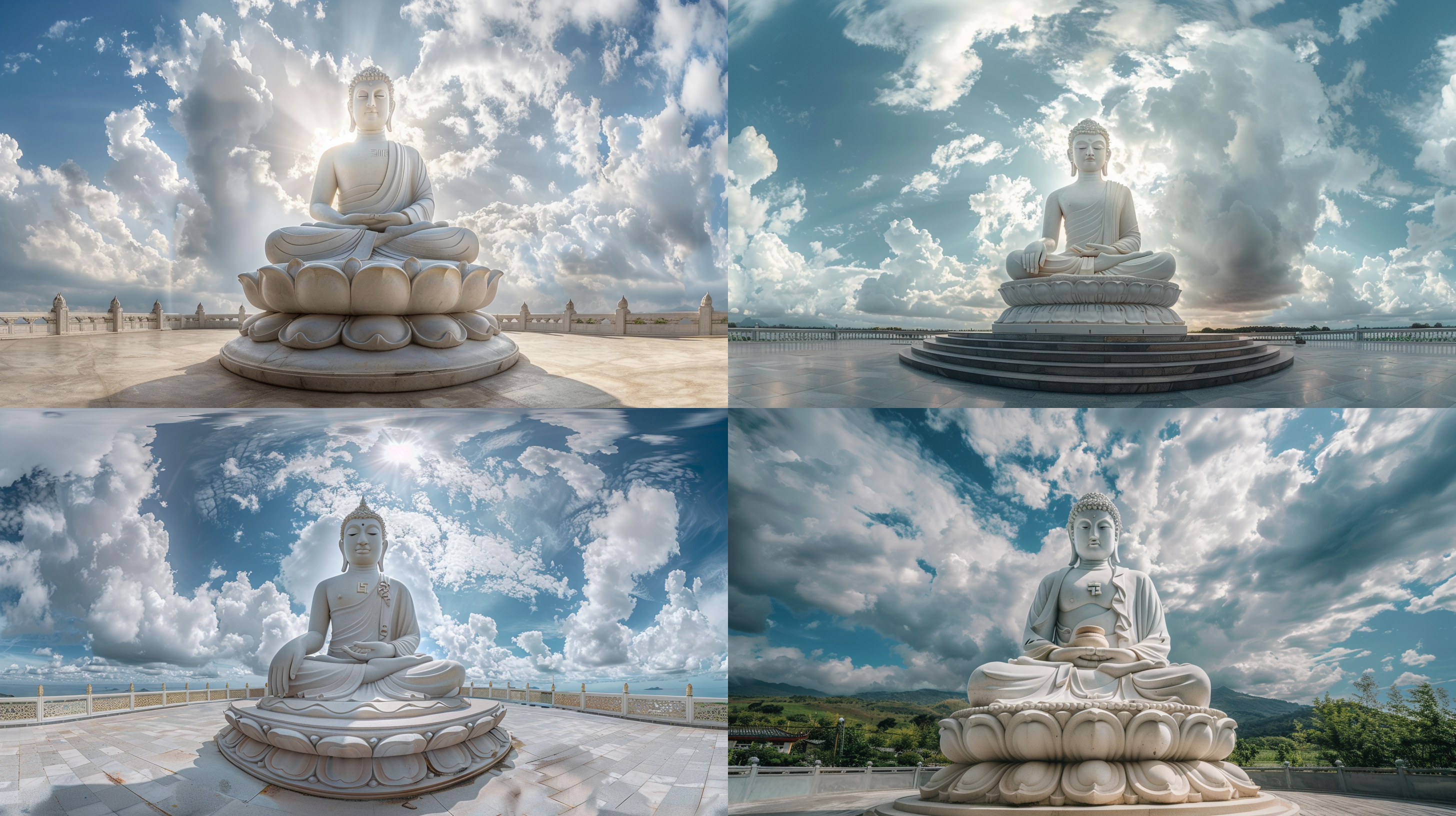 祥云天空，白色佛像，佛光，莲花座，细节丰富，光影层次，全景，超广角，视觉冲击力，真实摄影，照片