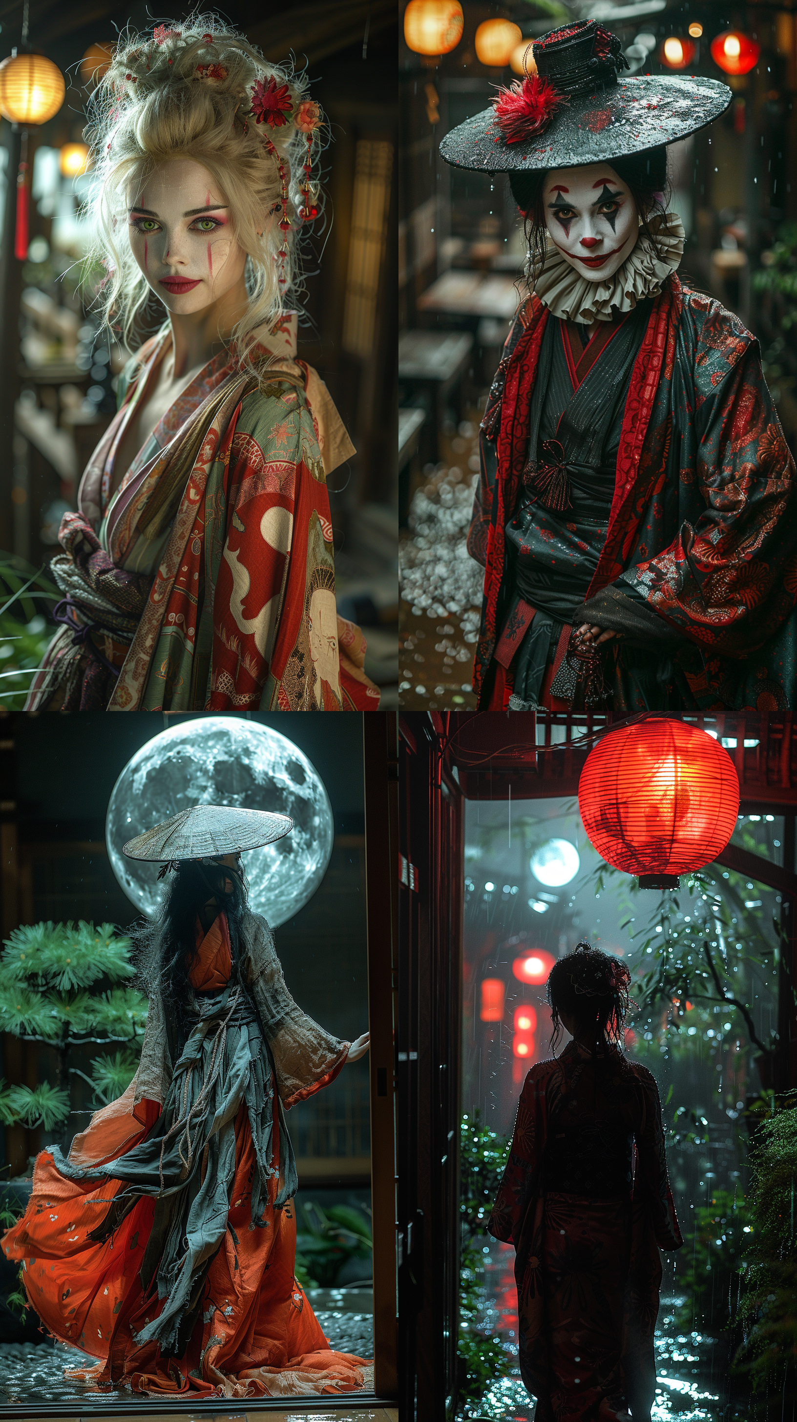 超现实小丑女，1800年代日本忍者装扮，斯嘉丽·约翰逊与查理兹·塞隆合体，和风庭院，月夜，神秘氛围，长焦镜头，低角度拍摄，动态捕捉，冷暖对比色，眼神锐利，动作敏捷，隐秘感。