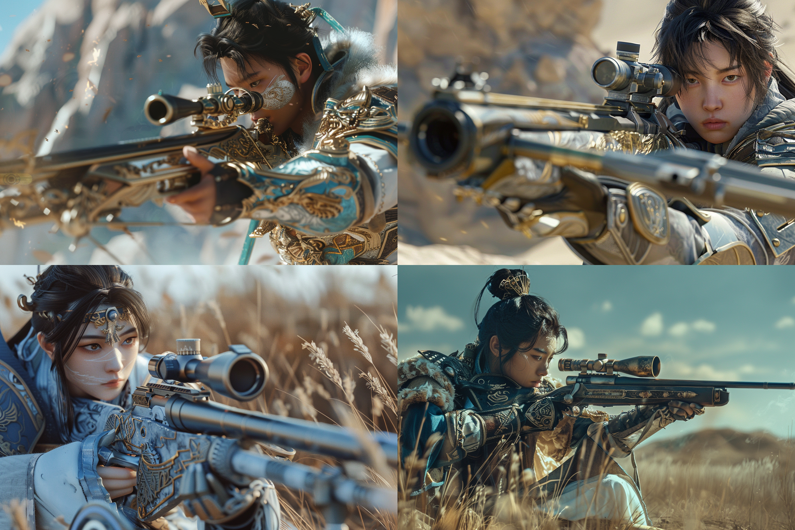 荒野平原，赵云甲胄，现代狙击枪98k，瞄准射击，半身特写，真实质感，超细节刻画，超高清8k，自然光，沉稳专注，历史与现代融合，强烈对比，动态瞬间，精准构图。
