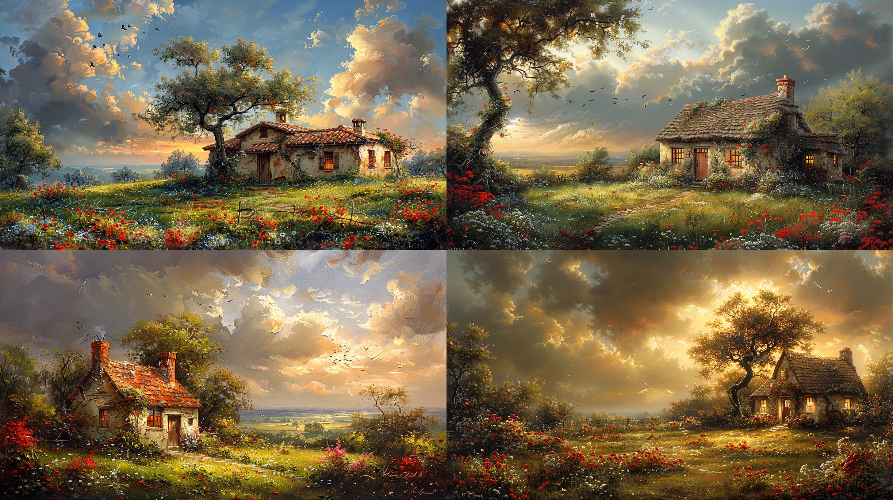 一幅油画风格的作品，画面中展现着一座宁静的乡村小屋。小屋呈现出浓郁的油画色彩，细腻的笔触勾勒出屋顶上的老树和藤蔓。房屋周围是郁郁葱葱的绿色草地和绚丽的花朵。阳光透过云层洒在画面上，给整个作品增添了温暖的氛围。油画风格，乡村小屋，浓郁色彩，细腻笔触，绿色草地，绚丽花朵，阳光，温暖氛围。