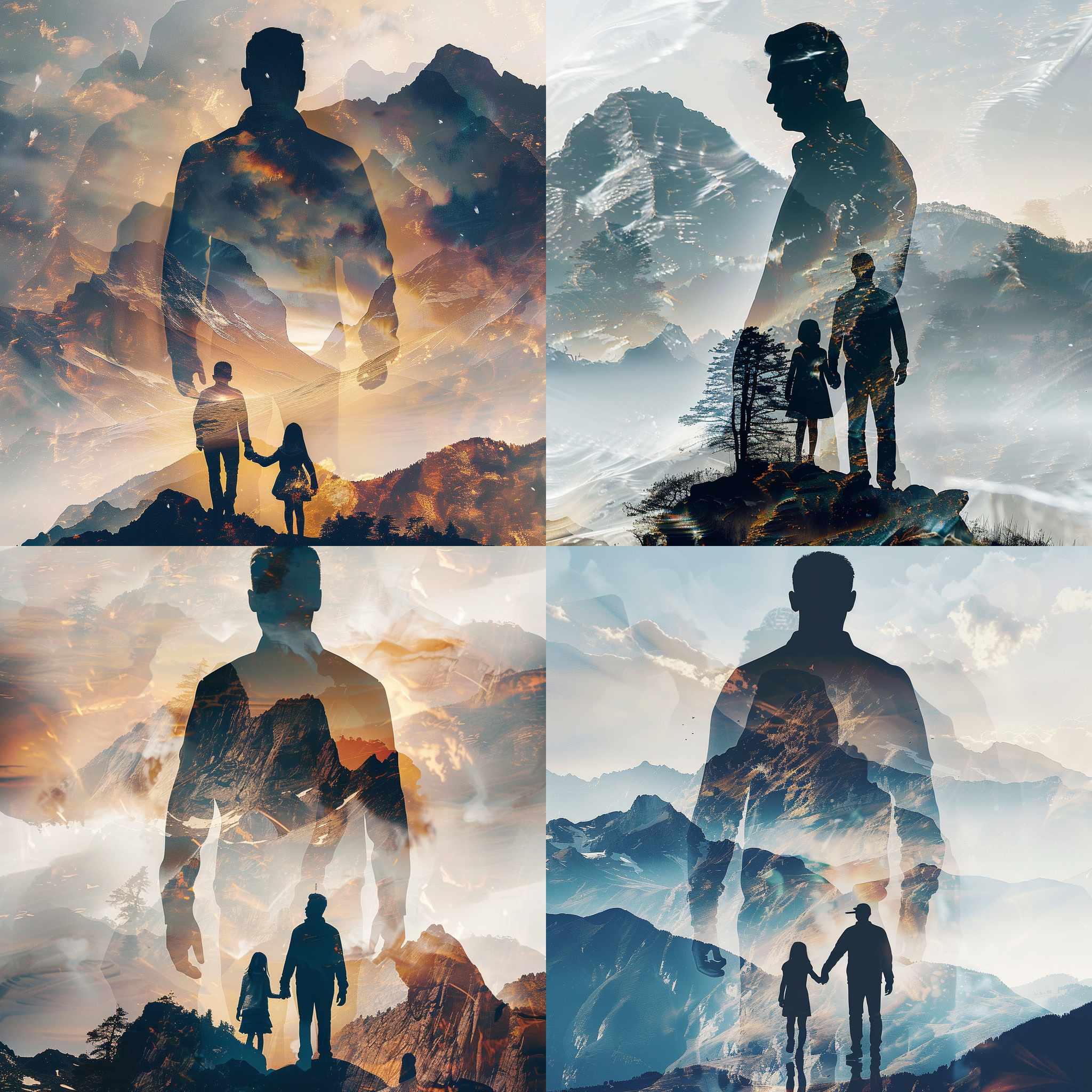 创建一个中国男性剪影与父女牵手结合的超现实多重曝光，高大伟岸，亲情温暖，线条清晰，双重曝光，山峰背景，父亲节海报，高品质，32k超高清