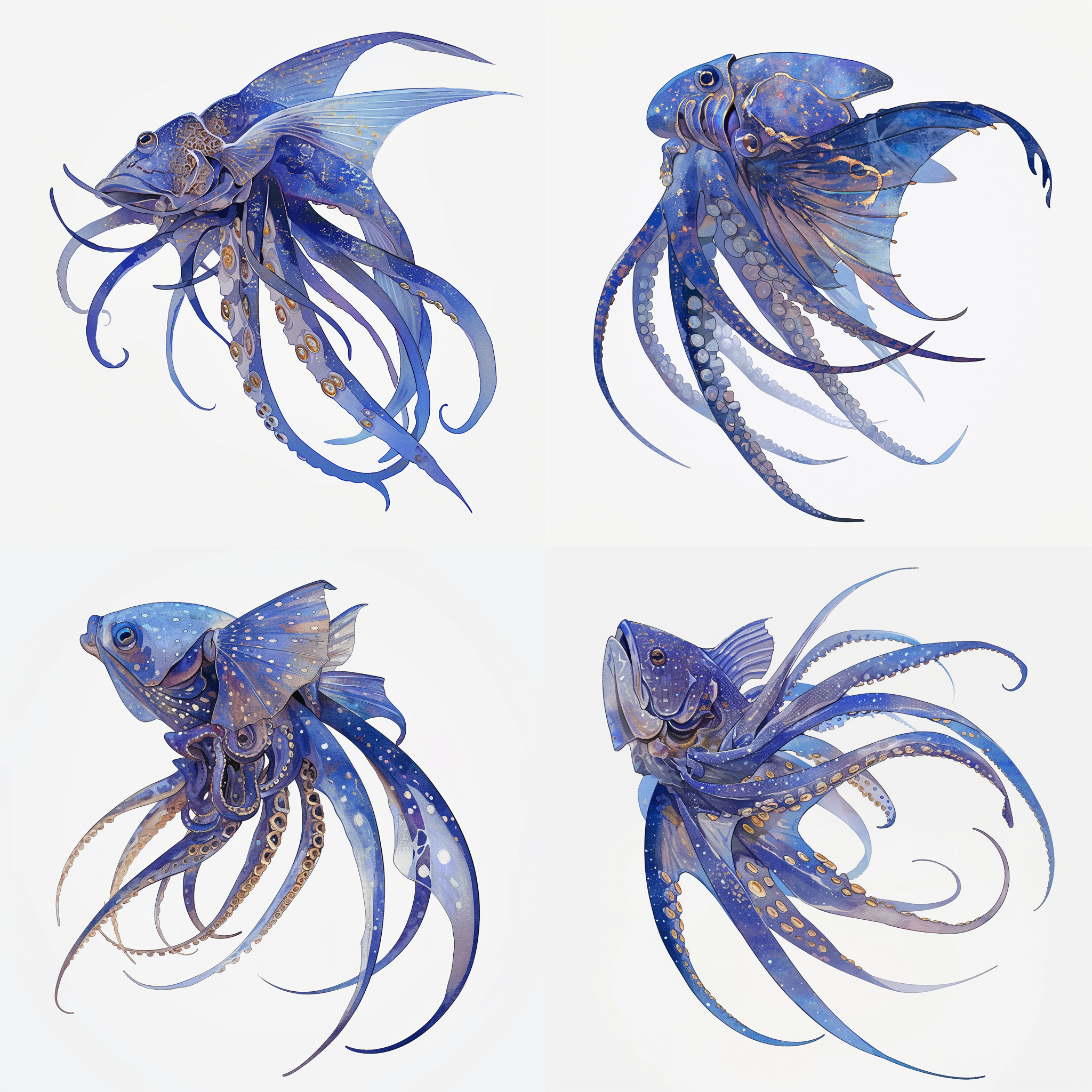 蓝色鱼，侧面构图，中国风，清晰细节，自然光，长焦镜头，水下环境，腮后五个章鱼触手，身体完整，蓝色调，优雅。