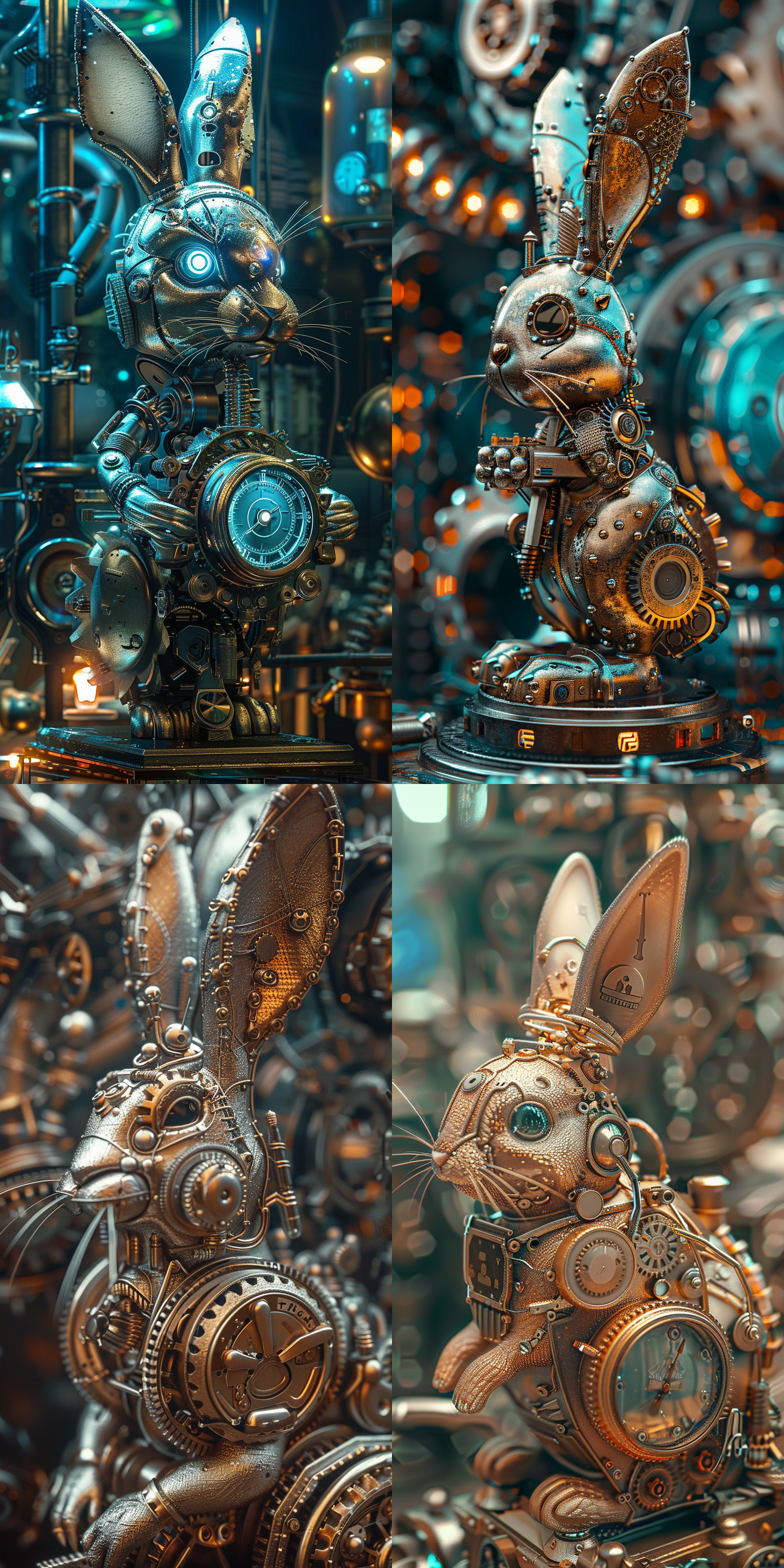 机器兔子静立，金属光泽，齿轮外露，工业风，冷色调，微距镜头，侧光，高光细节，静态，专注，科技感。