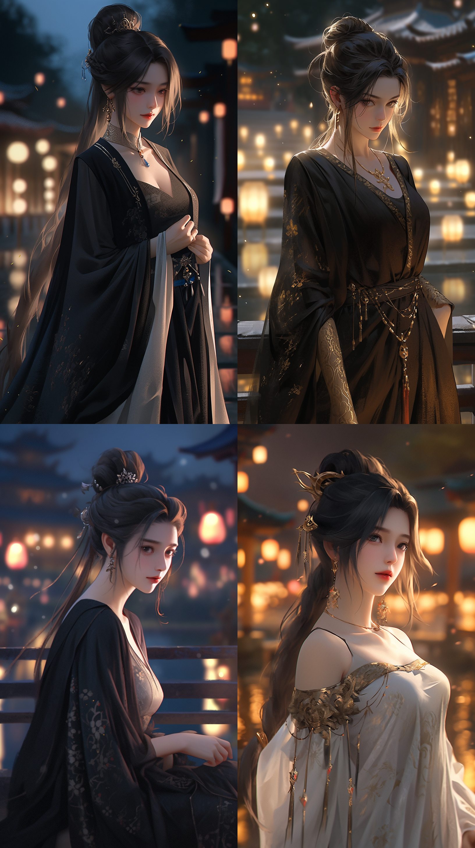 一个中国古代少女，容貌绝美，盘发，精致的妆容，人物逼真，穿金纹苏绣长袍，精细束腰，中国风，眼神冷酷，霸气，曼妙身材，全身拍摄，正面镜头，室外，夜晚，三维