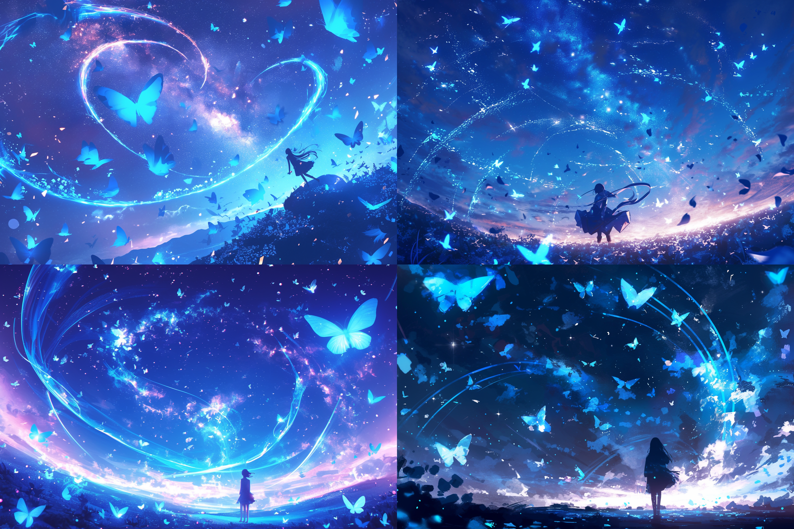 glowing butterflies with long tails of light circling each other while creating a galaxy behind him, starry sky, gorgeous, sci-fi.