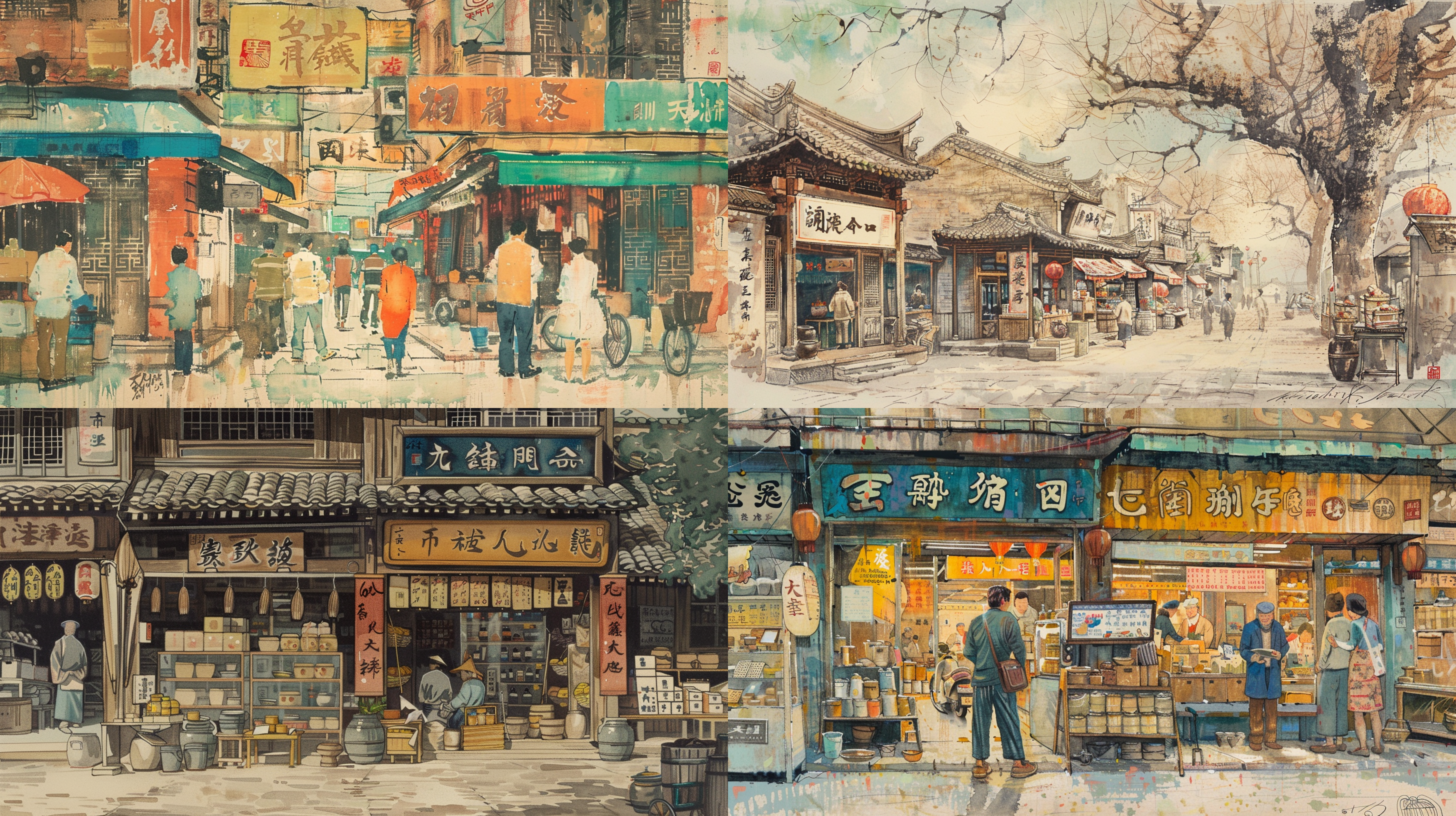 中国画，中国北方的明清街道，各种店铺和招牌，手绘细节丰富，手绘线条流畅，色彩柔和明亮，一点透视，居中构图，全景，大广角