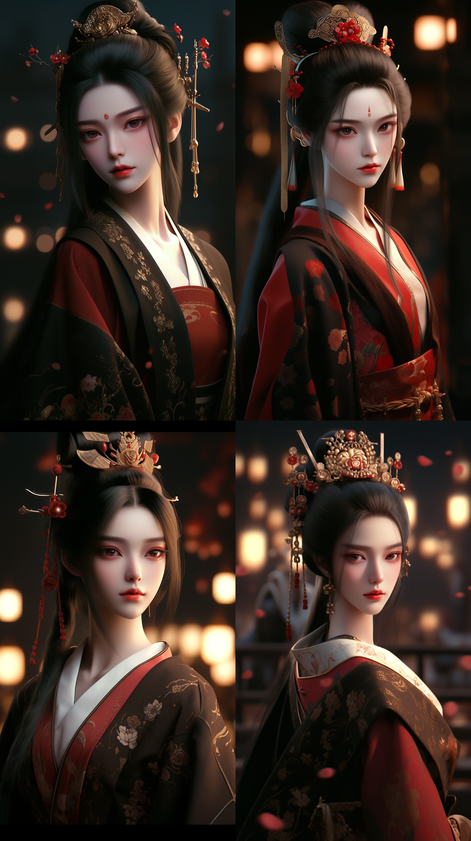 少女，容貌绝美，古风发鬓，精致的妆容，人物逼真，穿金纹苏绣长袍，精细束腰，中国风，中国古装眼神冷酷，霸气，曼妙身材，全身拍摄，正面镜头，室外，夜晚，三维