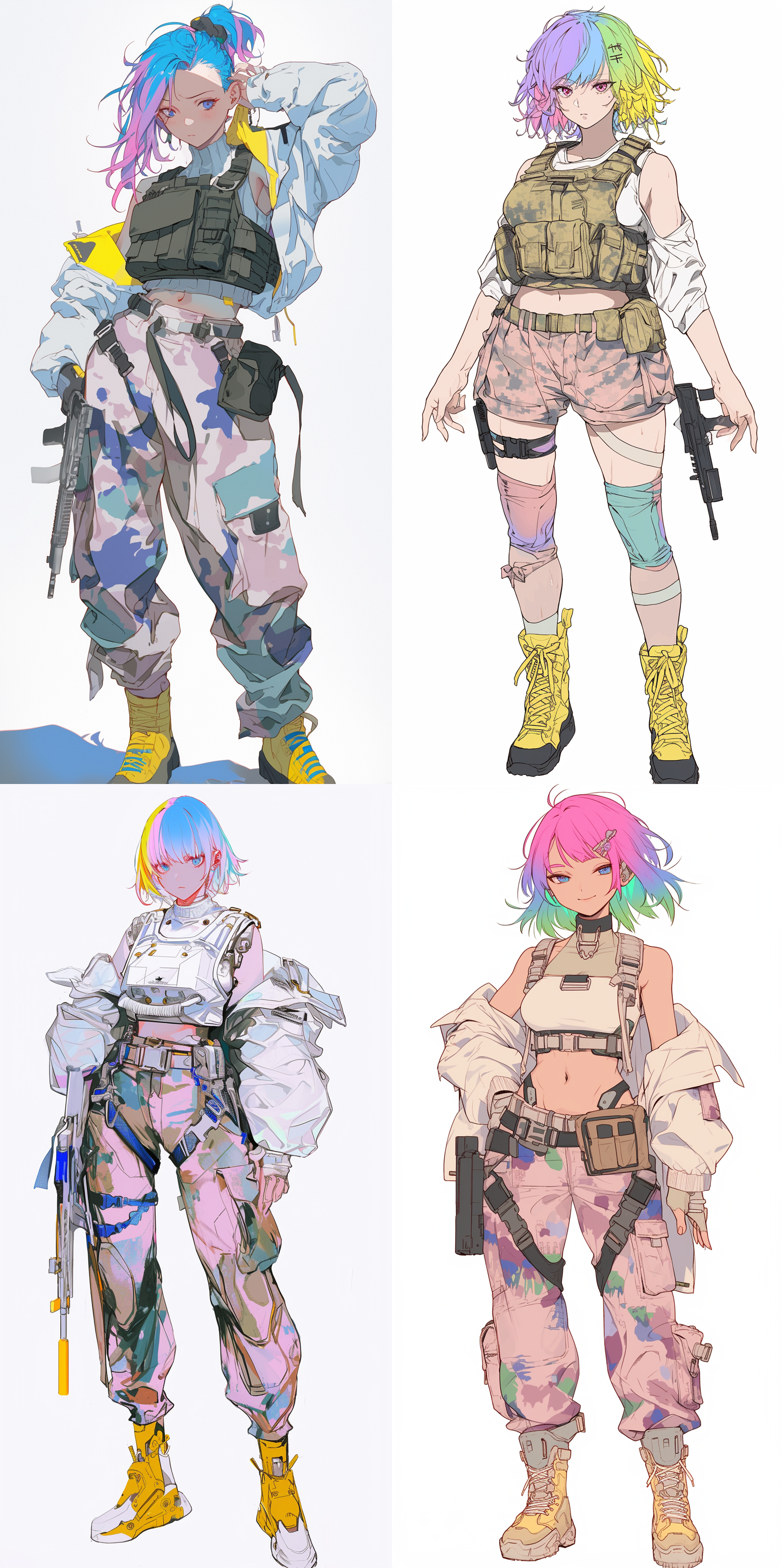 虹彩发色的短发少女，群青色眼睛，性格冷漠，白色防弹衣，粉白色迷彩军裤，机械小腿，黄蓝色高筒军靴，二次元角色设计数字绘画，自设角色，设计图稿