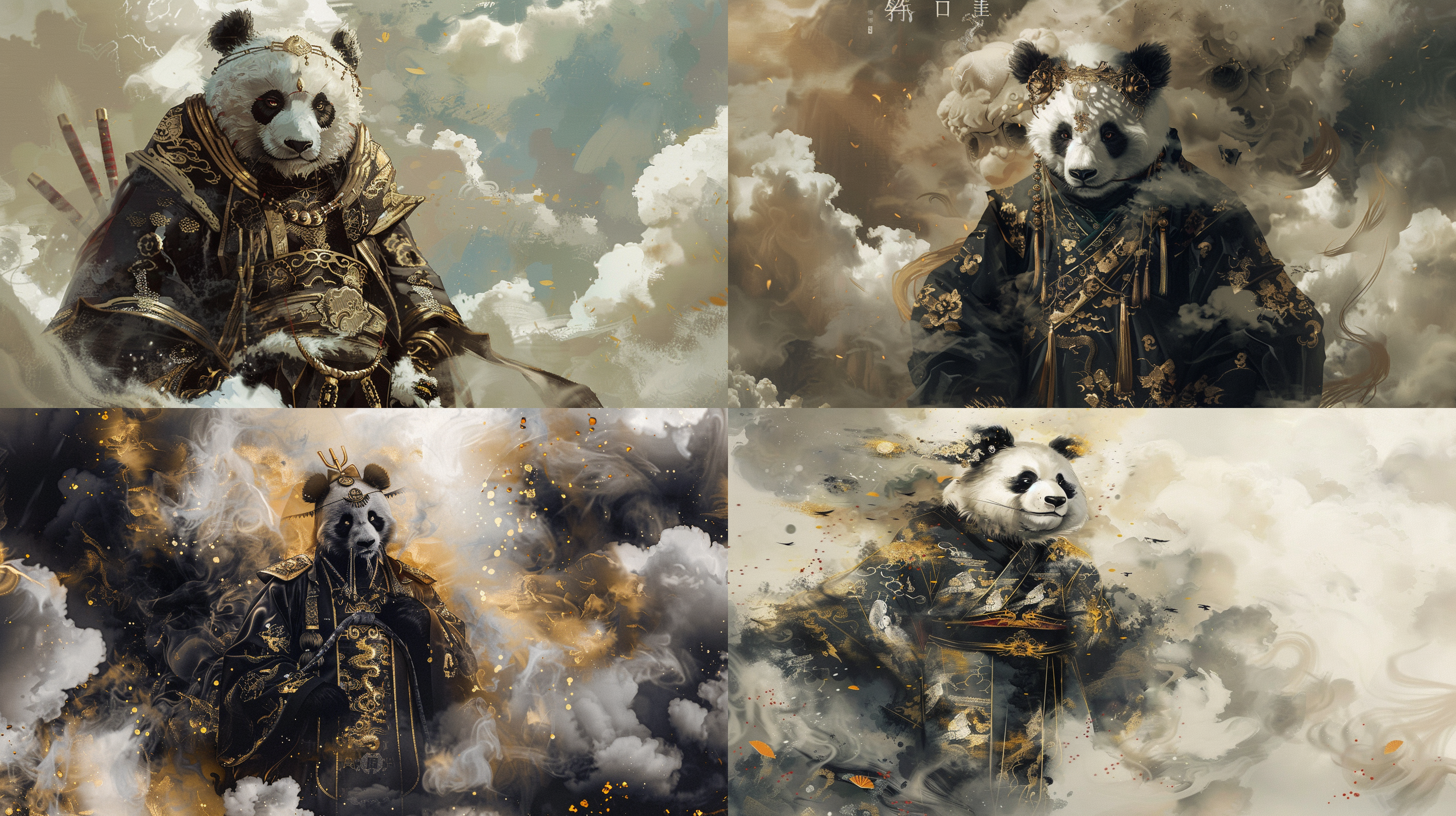 熊猫，身黑金色汉服，立于云端，周围烟雾缭绕，衣服上有金色装饰。这幅全身像具有国画风格，具有水墨效果，细节精致，营造出神秘的氛围和磅礴的气场