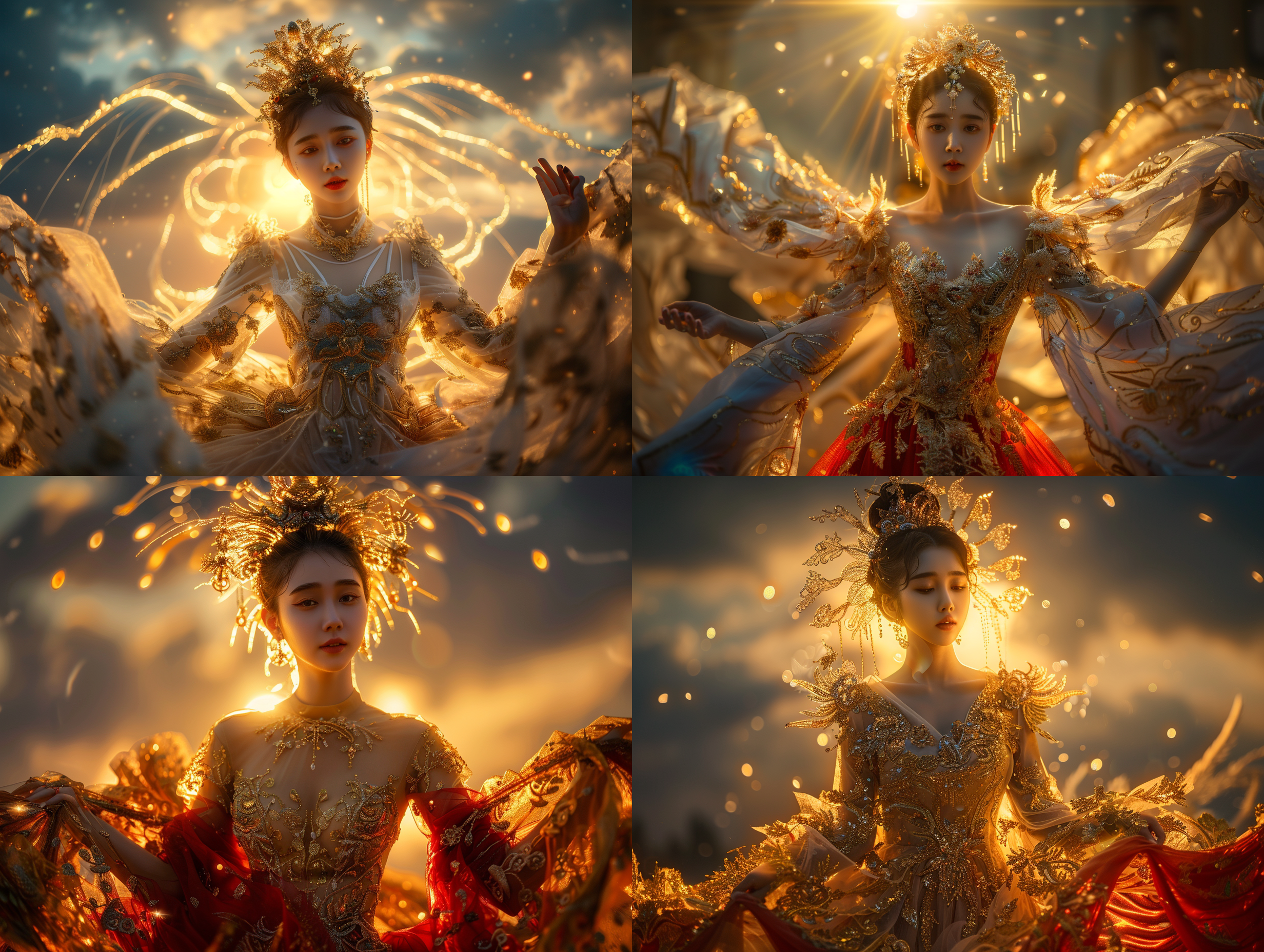 杰作，8k，最佳质量，优质构图，（亮图：1.1），东方传说，中国神话，中国不朽，动态姿势，1女孩，神圣，黑发，长袖，红白服装融合，汉服，（光环：1.2），连衣裙，发饰，半身肖像，面向观众，单发髻，额头标记