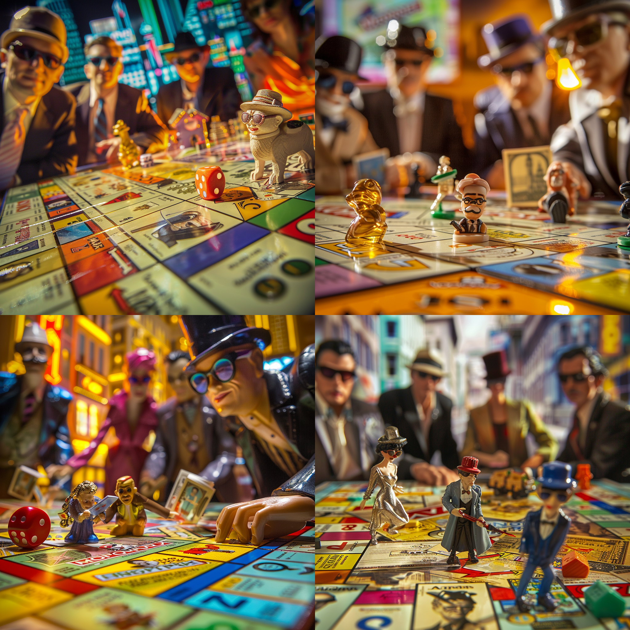 真人玩家在仿真建筑的大富翁棋盘中，细节丰富，表情生动，衣着精致。局部特写，透视构图，明亮灯光，鲜艳色彩，快门速度高，互动，兴奋。