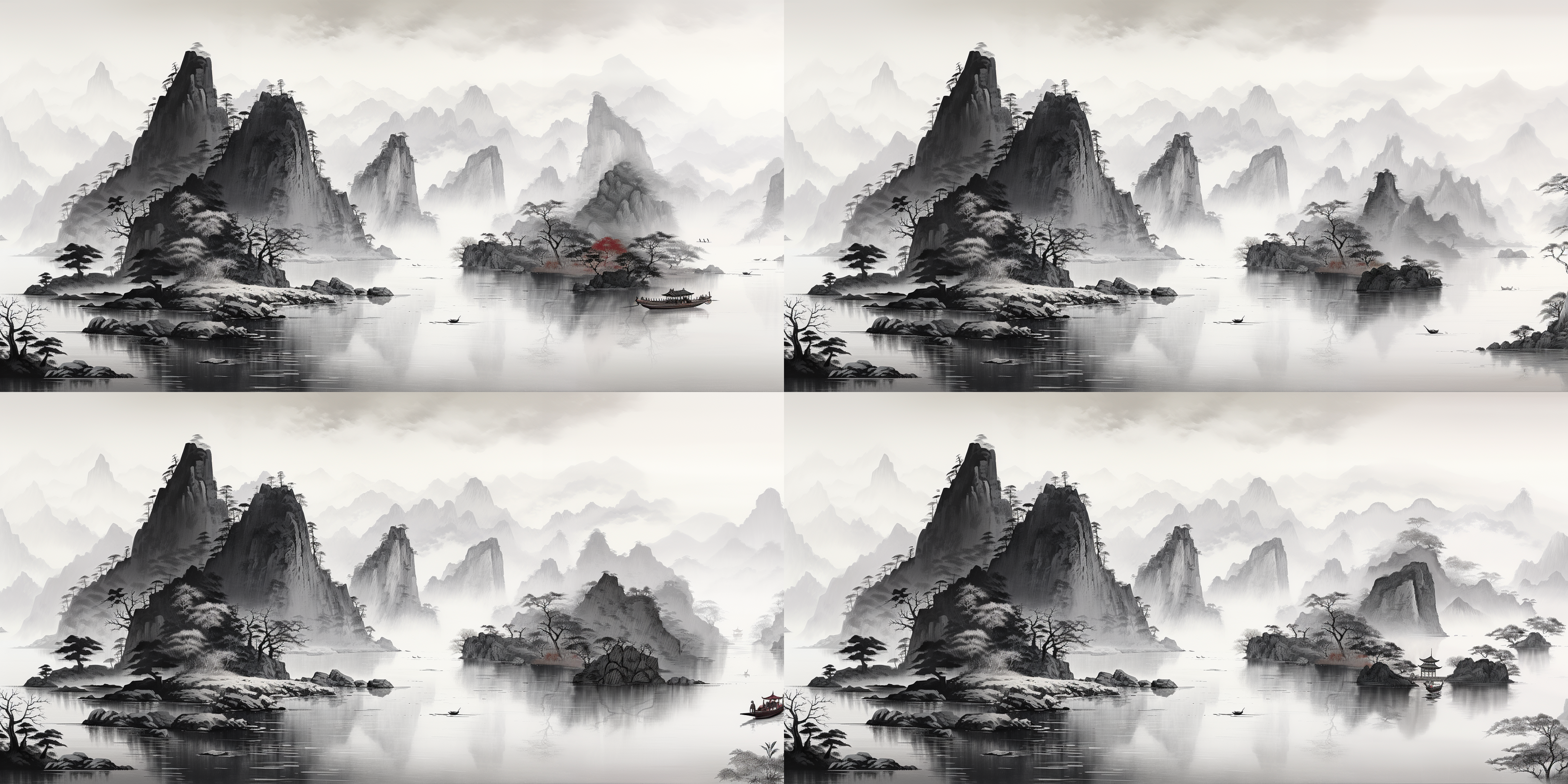 气势磅礴的河流，唐代古典山水，山脉环绕，神话色彩，大胆墨点，传统中国水墨画精髓，豪放潇洒，抽象化，黑白灰色调，细节丰富，宽图，李白将进酒，大气。