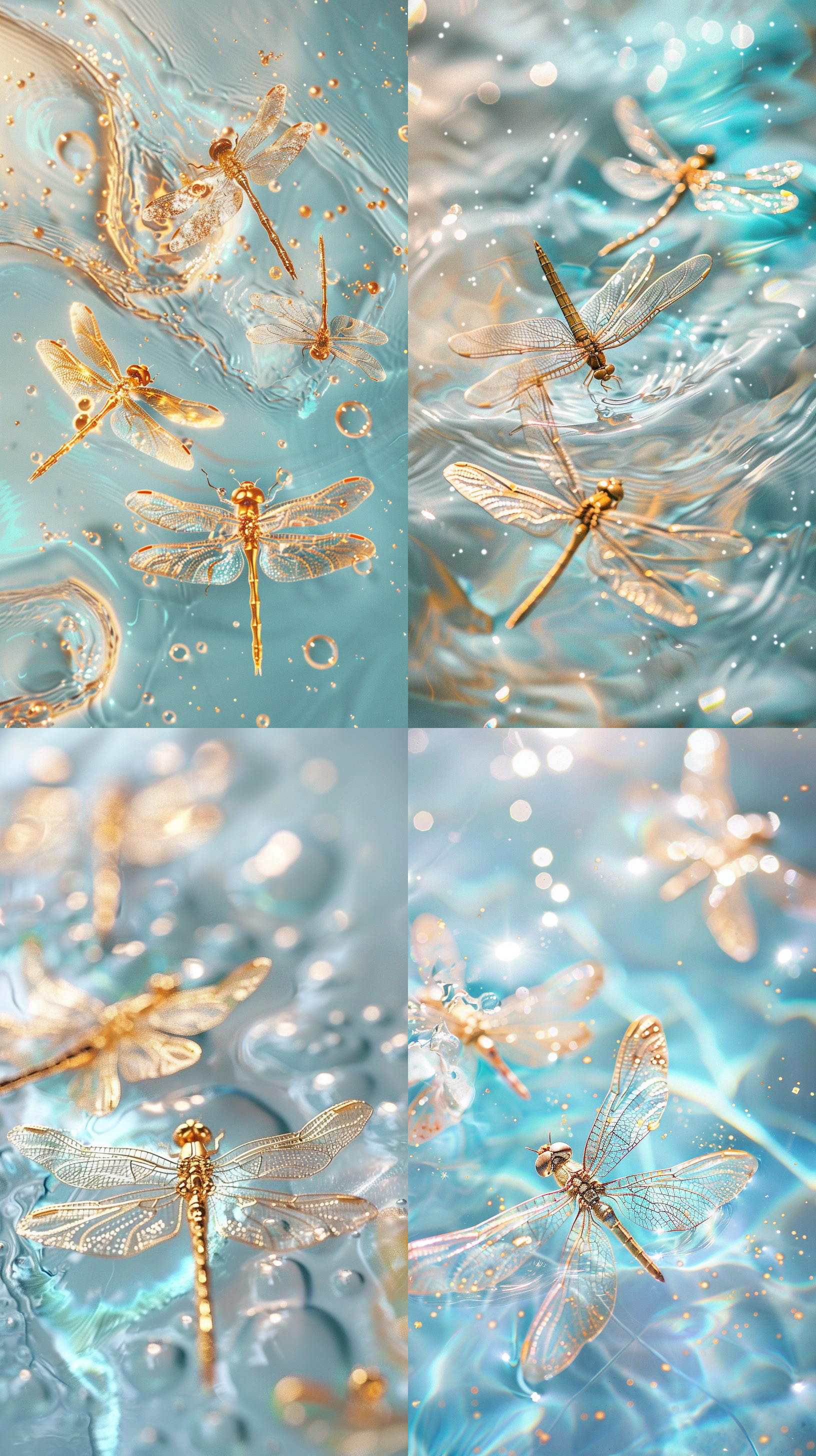 几只金色蜻蜓飘落，水魔法特写, 水中金箔, 金色勾勒, 平面摄影, 金色空灵光, 水滴, 蒂夫尼蓝色, 白色, 流动的水, 闪亮的表面, 高清32k