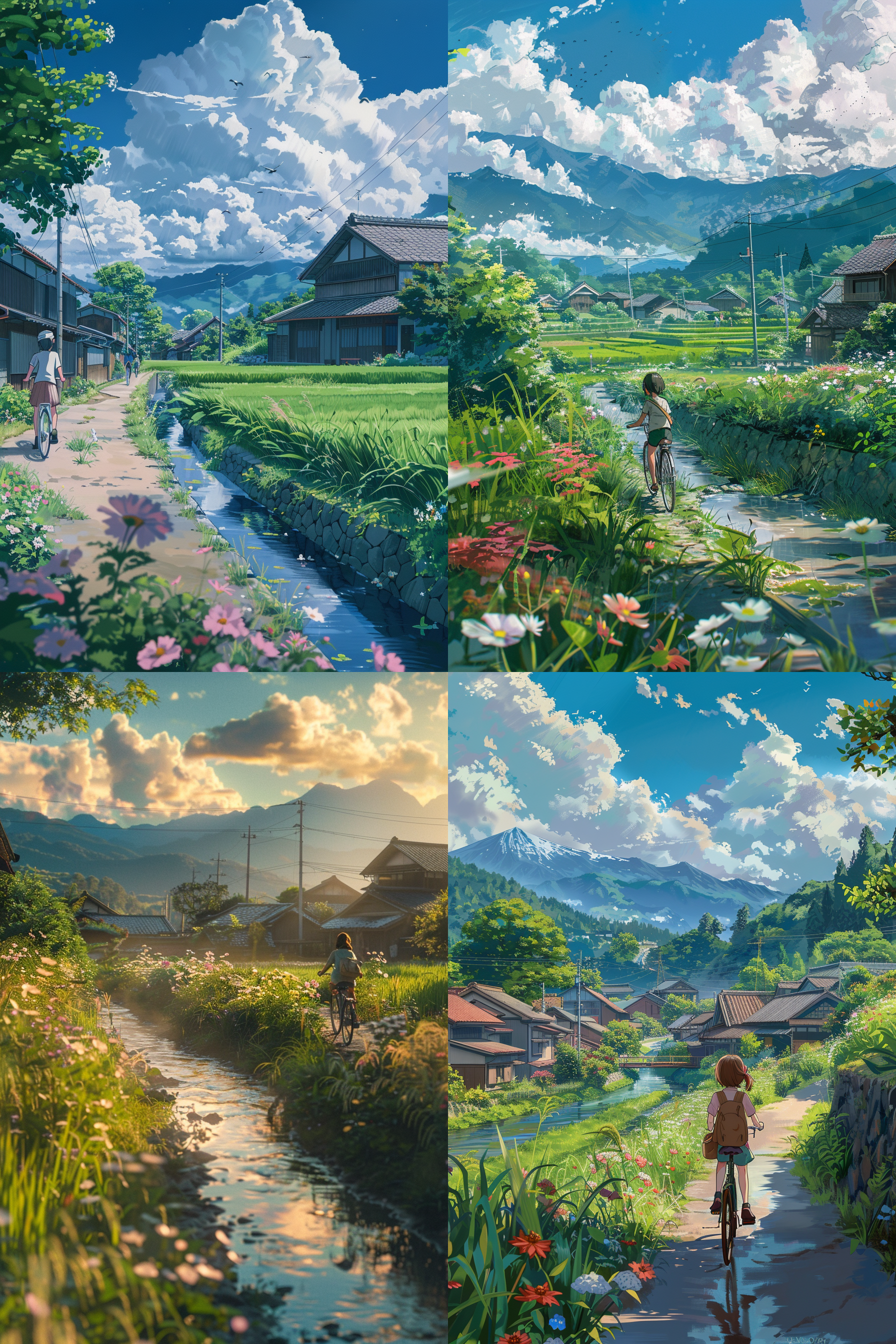 女孩骑自行车穿越乡村，溪旁花径，稻田与传统房屋，远山云卷云舒，夏日午后景象。骑行，乡村风景，自然光，远景，宁静，生机，清新，温暖色调。宫崎骏风格