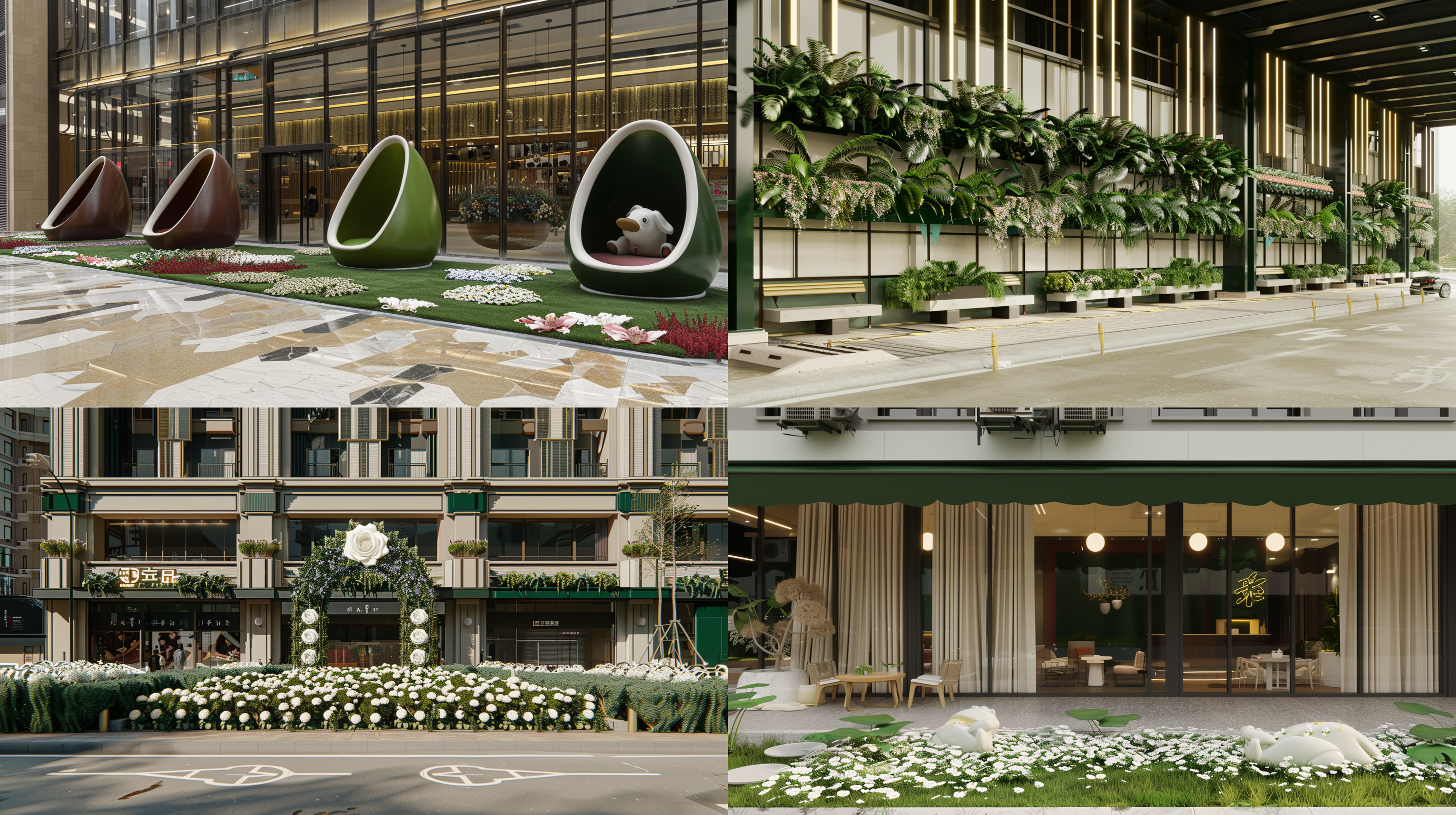 现代商业街，玻璃幕墙, 道路上有大型花卉装置，毛绒宠物雕塑，座椅休息区，时尚艺术风格，互动体验，现代设计，明亮色彩，抽象形状，放松情绪, no character, 自然光, 16k, 超高细节，高清拍摄, 广角镜头,