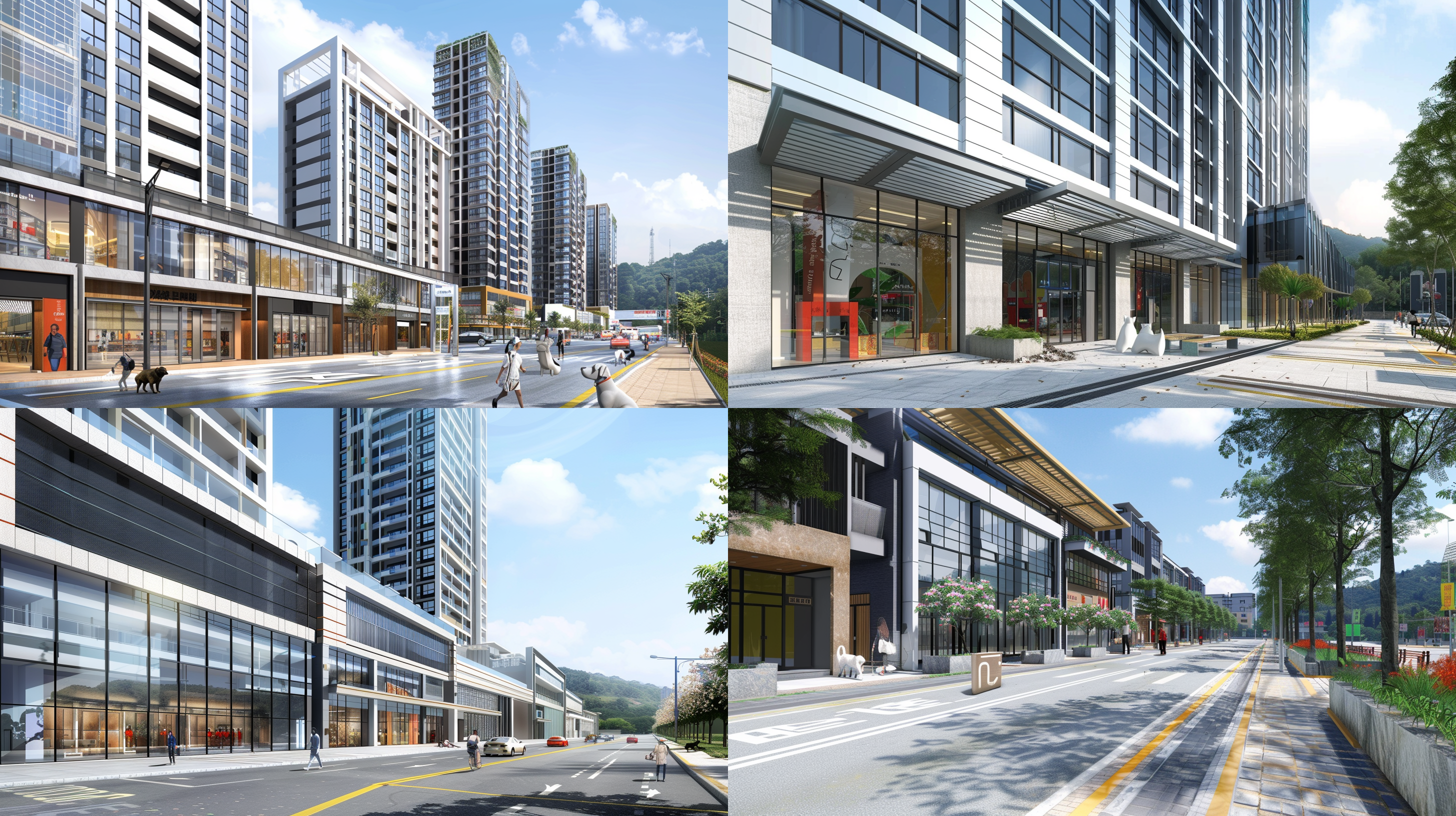商业街正视图，楼上住宅，楼下玻璃幕墙商铺，道路有花卉装置、毛绒宠物雕塑、休息区，时尚艺术，互动体验，现代设计，明亮色彩，抽象形状，放松情绪，自然光，16k，超高细节，高清拍摄。