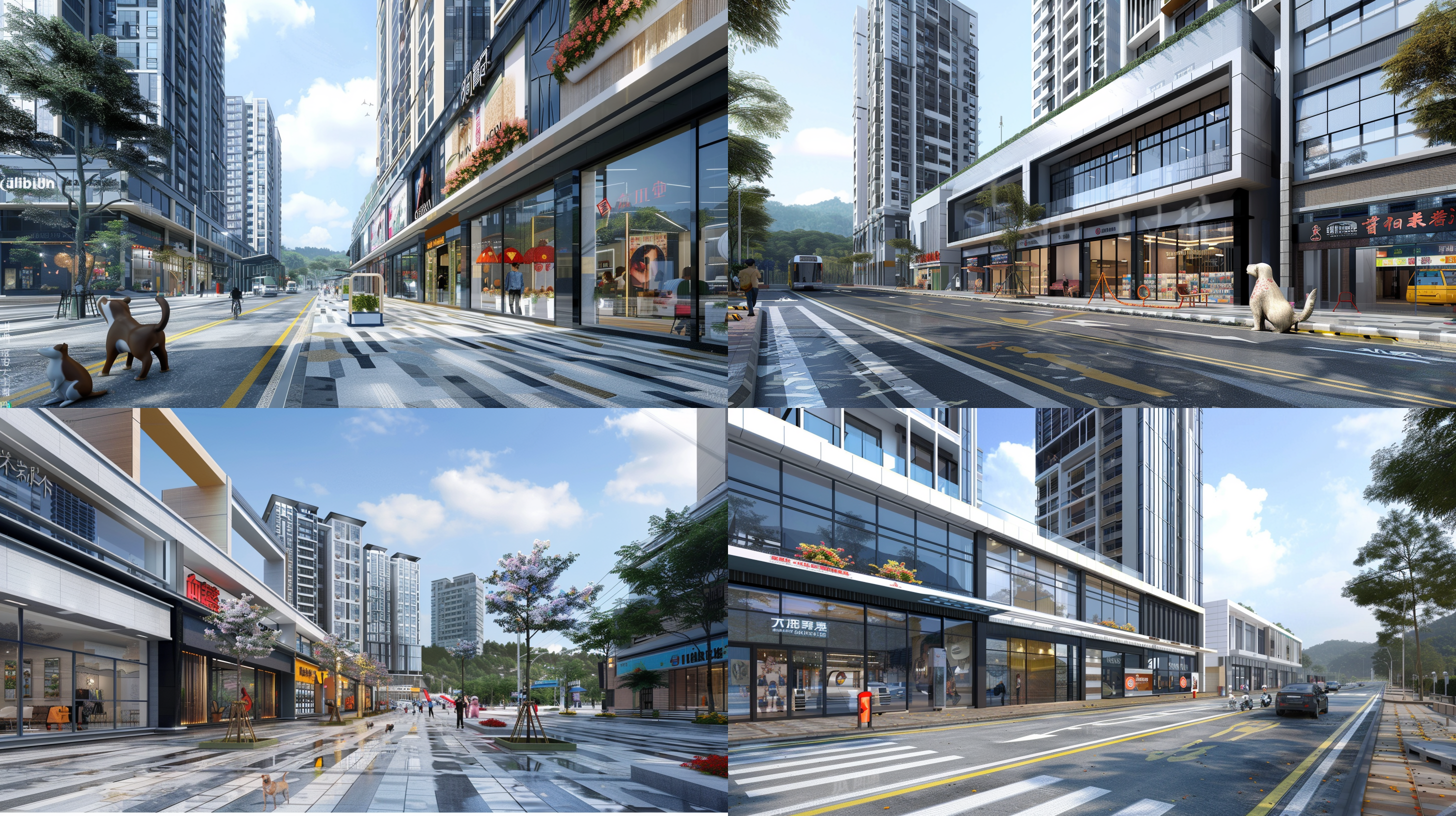 商业街正视图，楼上住宅，楼下玻璃幕墙商铺，道路有花卉装置、毛绒宠物雕塑、休息区，时尚艺术，互动体验，现代设计，明亮色彩，抽象形状，放松情绪，自然光，16k，超高细节，高清拍摄。