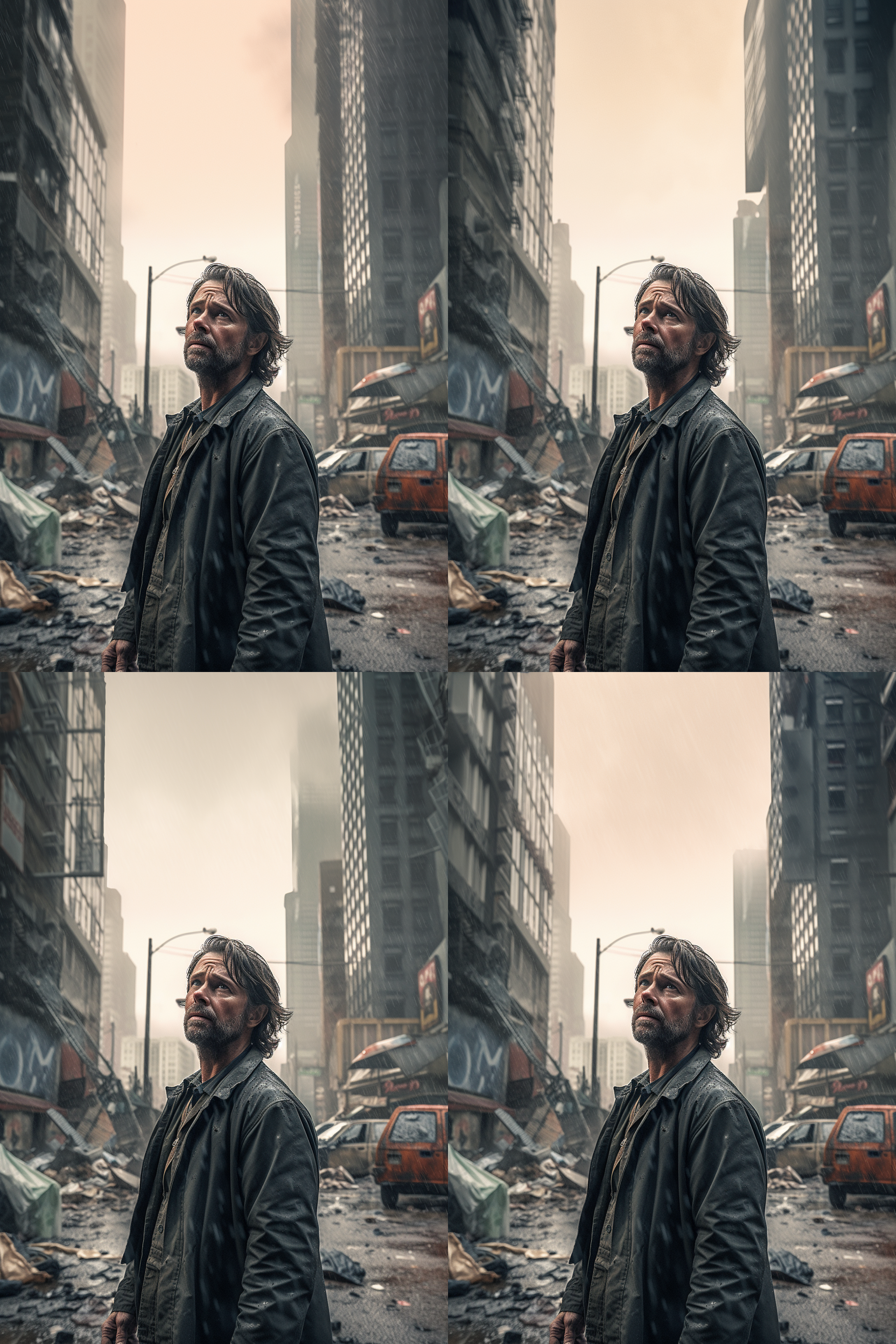 男士仰望大楼，破败环境，破旧汽车，倒塌大楼，大雨，灰色尘埃，真实风格，夹克，凌乱，忧郁，暗调，广角镜头，侧光，湿润，哀伤。