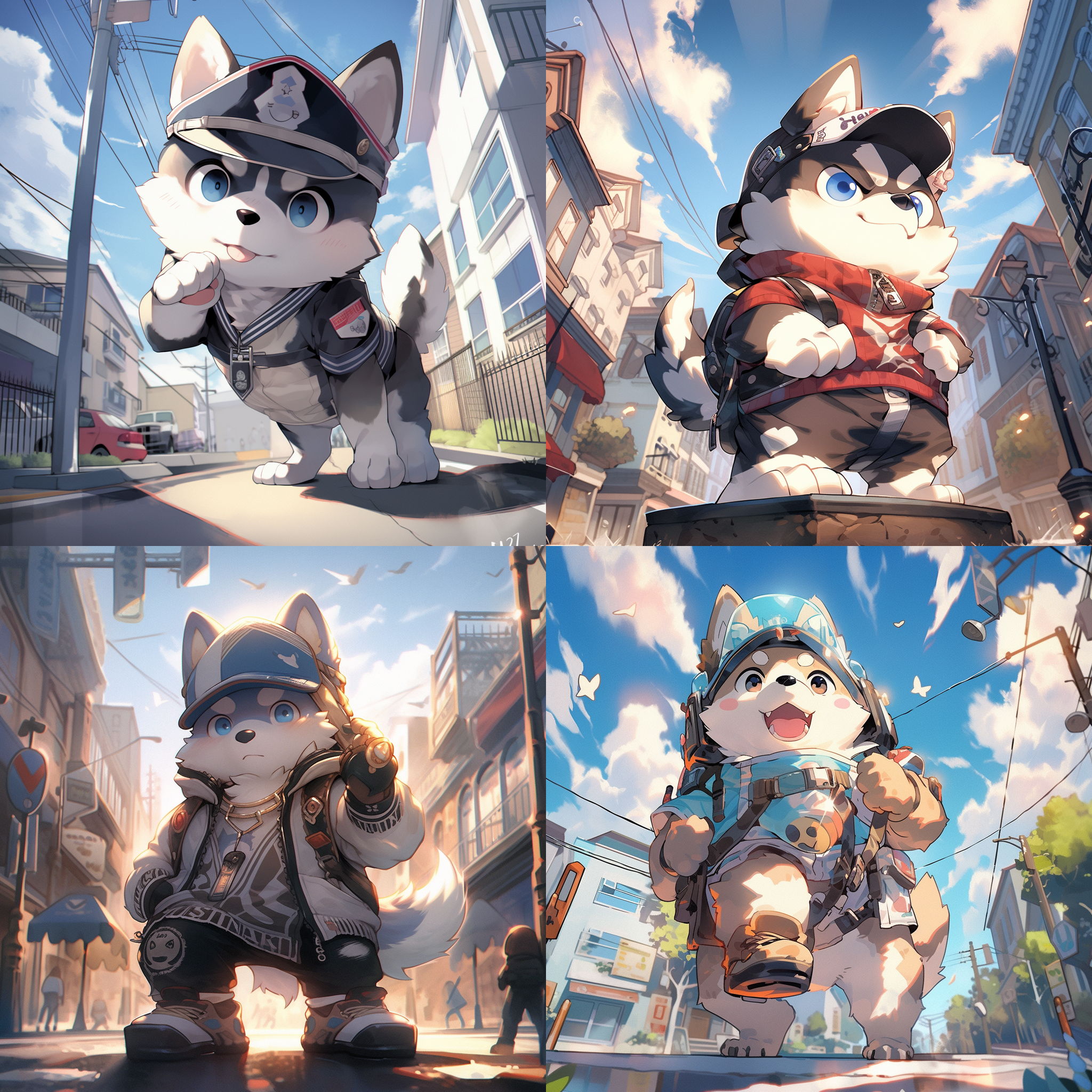 狗人，街角卖萌，哈士奇服装，清澈眼神，蓝色天空，路灯，广角镜头，侧光，写实主义，荒诞风格，可爱，幽默。
