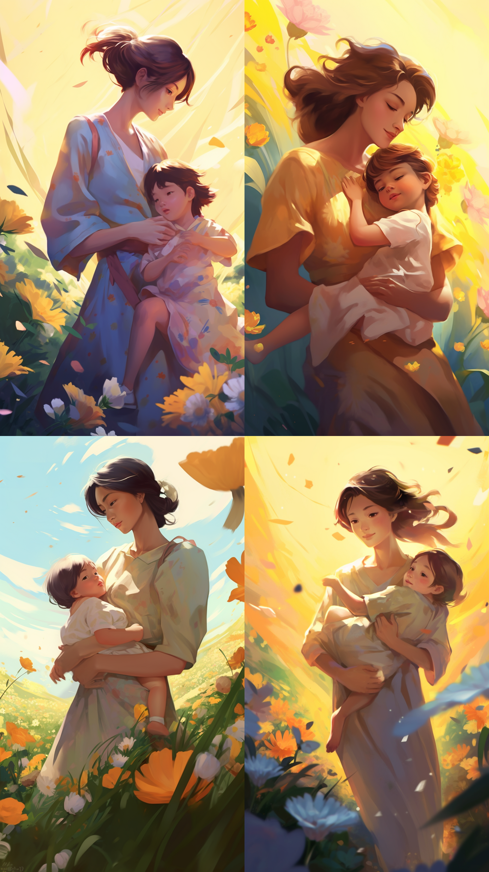 mother embraces child in flower valley, under soft light, at the heart of the flower sea, with a gentle and warm color palette, in a portrait style, smiling amidst a natural environment and soft natural light, conveying kisses and happiness. a mix of painting and c4d.,,in clothes https://cdn.discordapp.com/attachments/1226787245646938145/1227116535722545152/1498665837568000000.jpg?ex=66273c54&is=6614c754&hm=522e3fc0d89be4bb28c77d738dd53e45c03c26135caa30e043b2967b224d54f6&