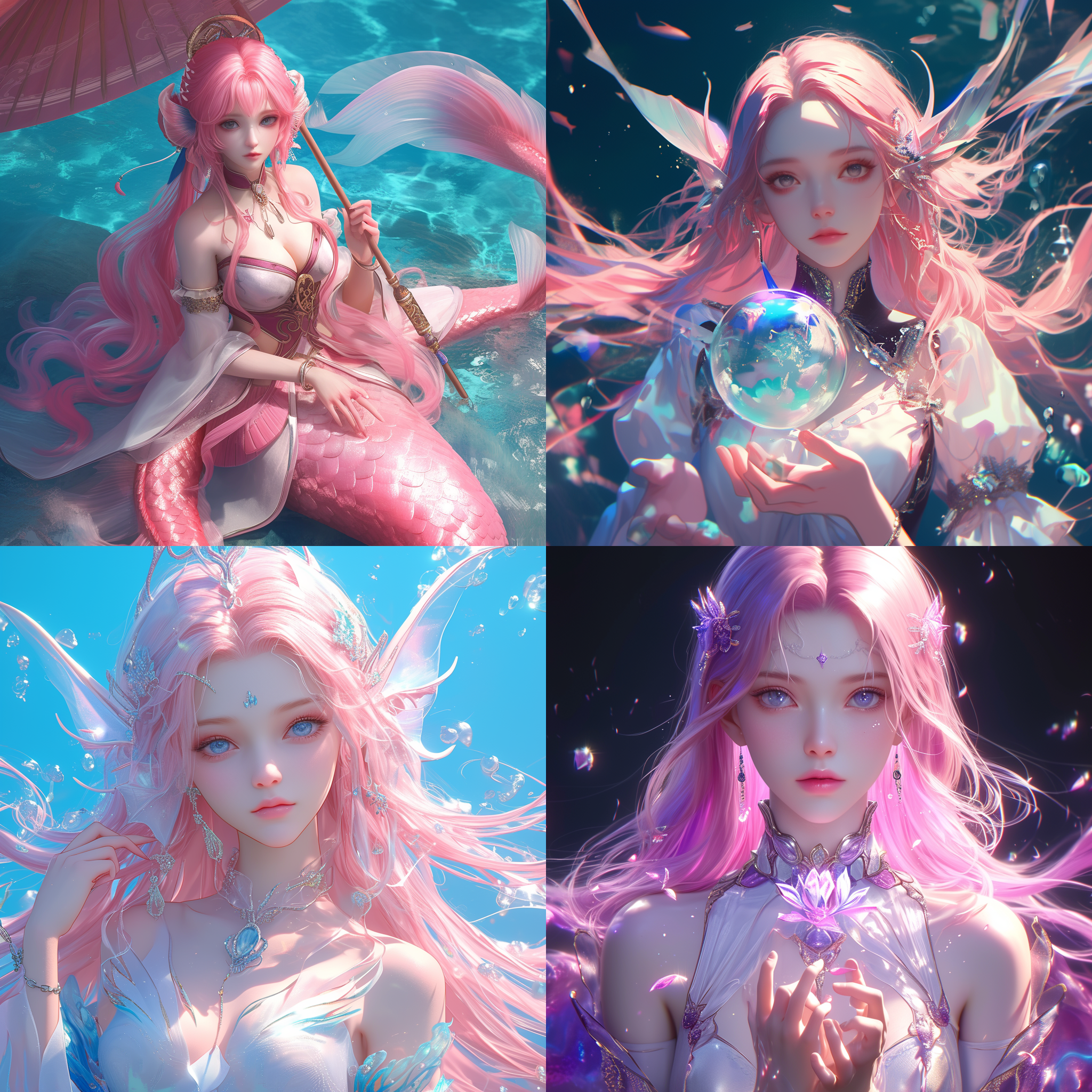 chinese，girl，精致美丽的脸，粉色长发，人鱼，古风，人像，全身入镜，海底，唯美，光影效果，4k，3d建模，动漫风格。