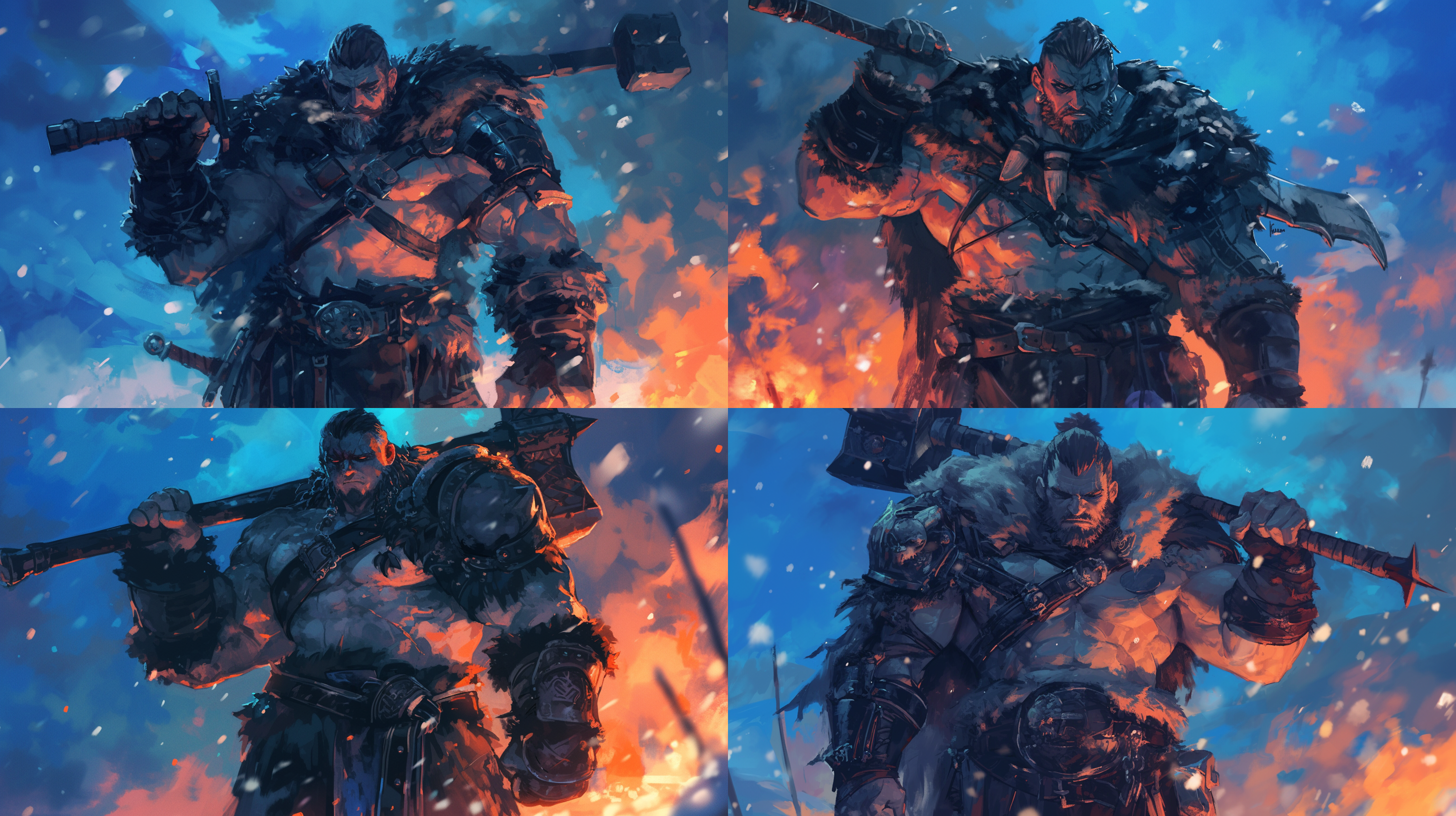 北方野蛮人首领，上身强壮，拿着战锤，践踏大地，生存，紧张，昏暗的夜晚，暴风雪，篝火，高质量画作