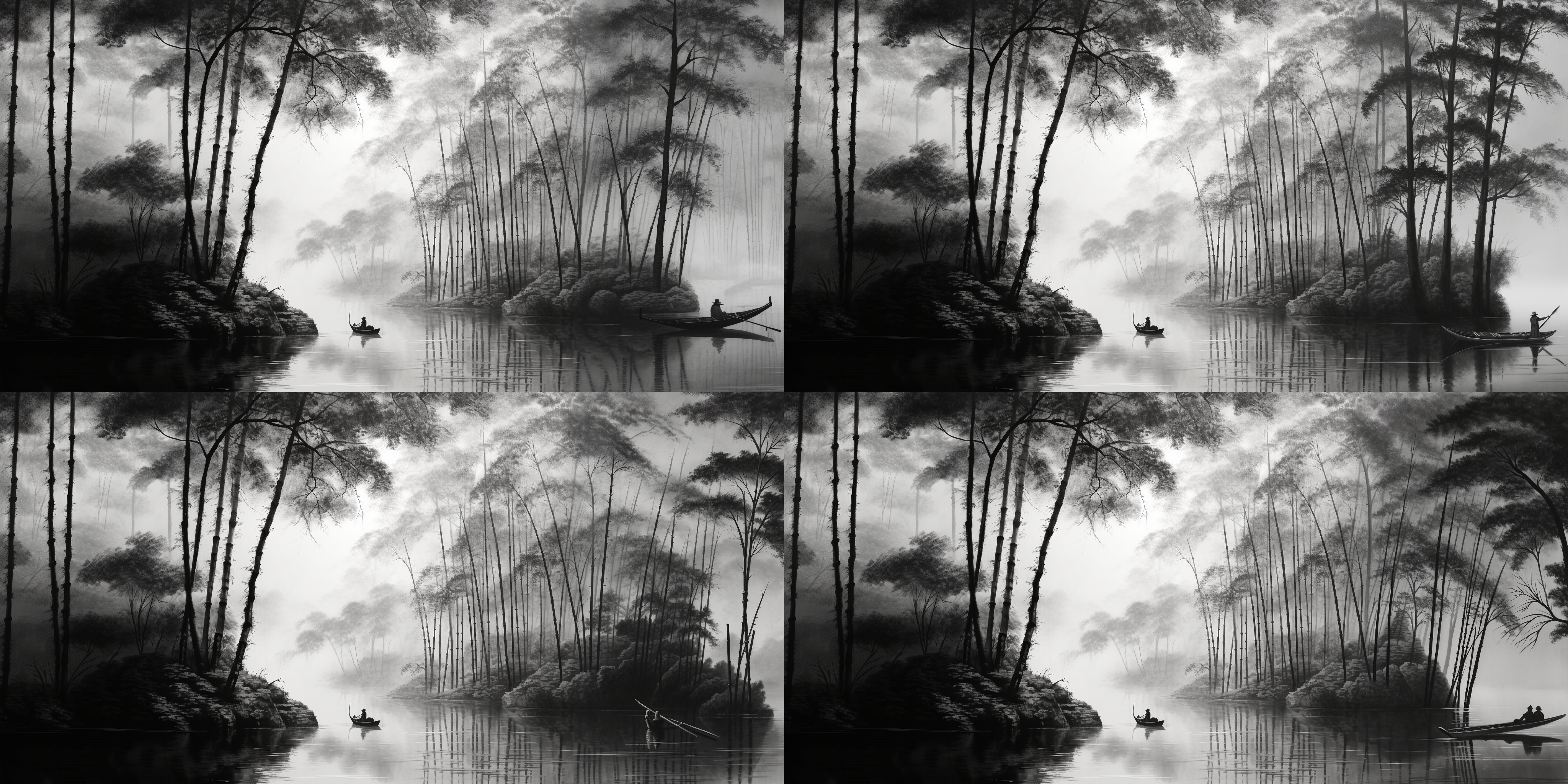 神话竹林，唐代山水，小河船只，古典墨点，细腻笔触，悲凄抽象，传统水墨，灰调细节，大胆神话，繁密寂静，悲伤色彩，黑白抽象。