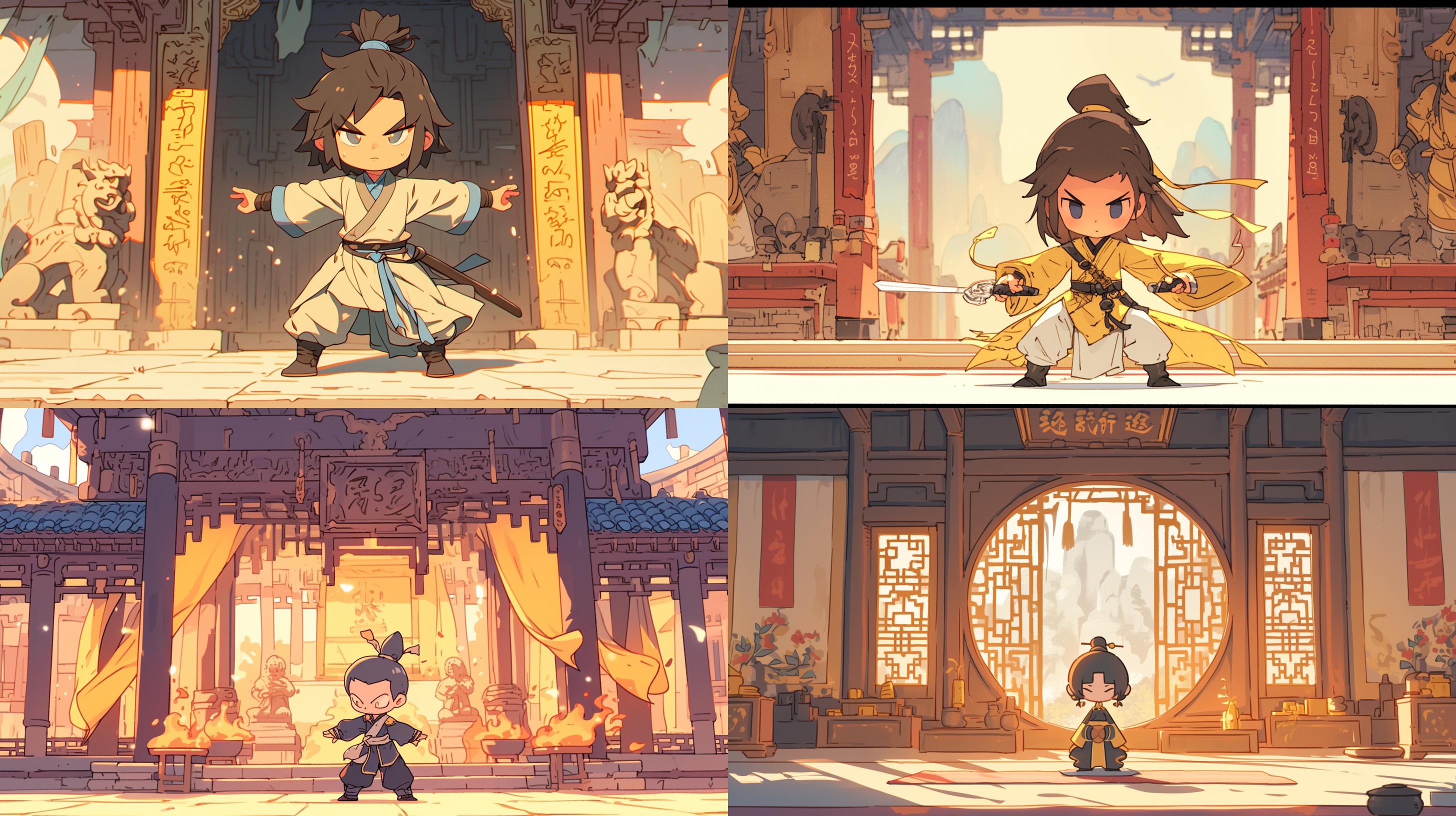 武术家在古老庙宇内展示高难度的武术动作，身着传统武术服装，古色古香的建筑环境，阳光透过窗户洒在地面上，营造出神秘而肃穆的氛围。 武术家, 庙宇内, 传统服装, 古色古香, 阳光, 神秘, 肃穆, 高难度动作, 建筑环境, 古老, 暖色调。 橄榄绿 古代中式 多姿势角色 角色设计