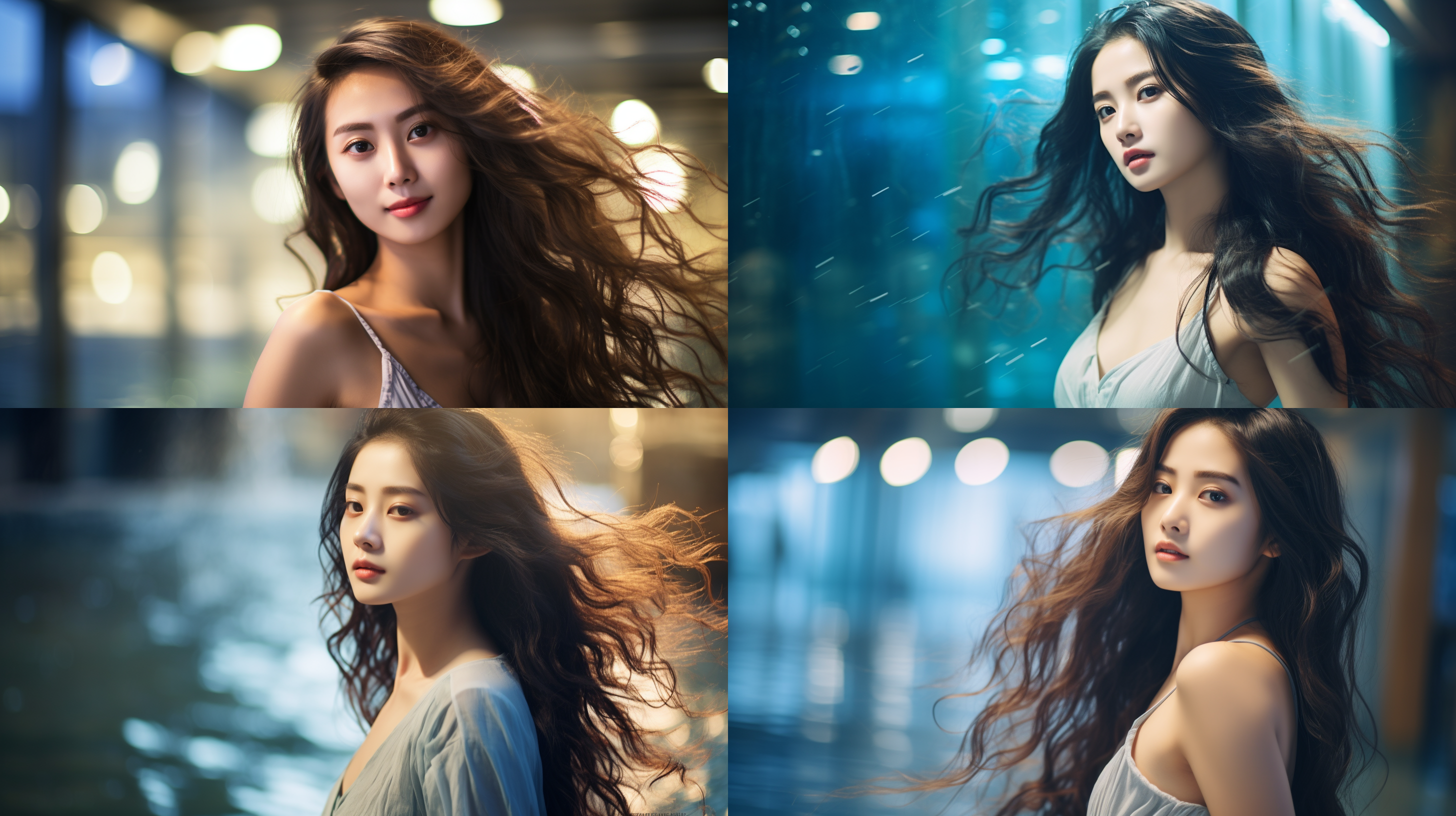 人像摄影，侧视，远景，美丽的中国女人，看着观众，长发飘逸，清澈如水的眼睛，迷人的笑容，纯净美丽，优雅时尚，模糊的健身房背景，抽象风格，单反