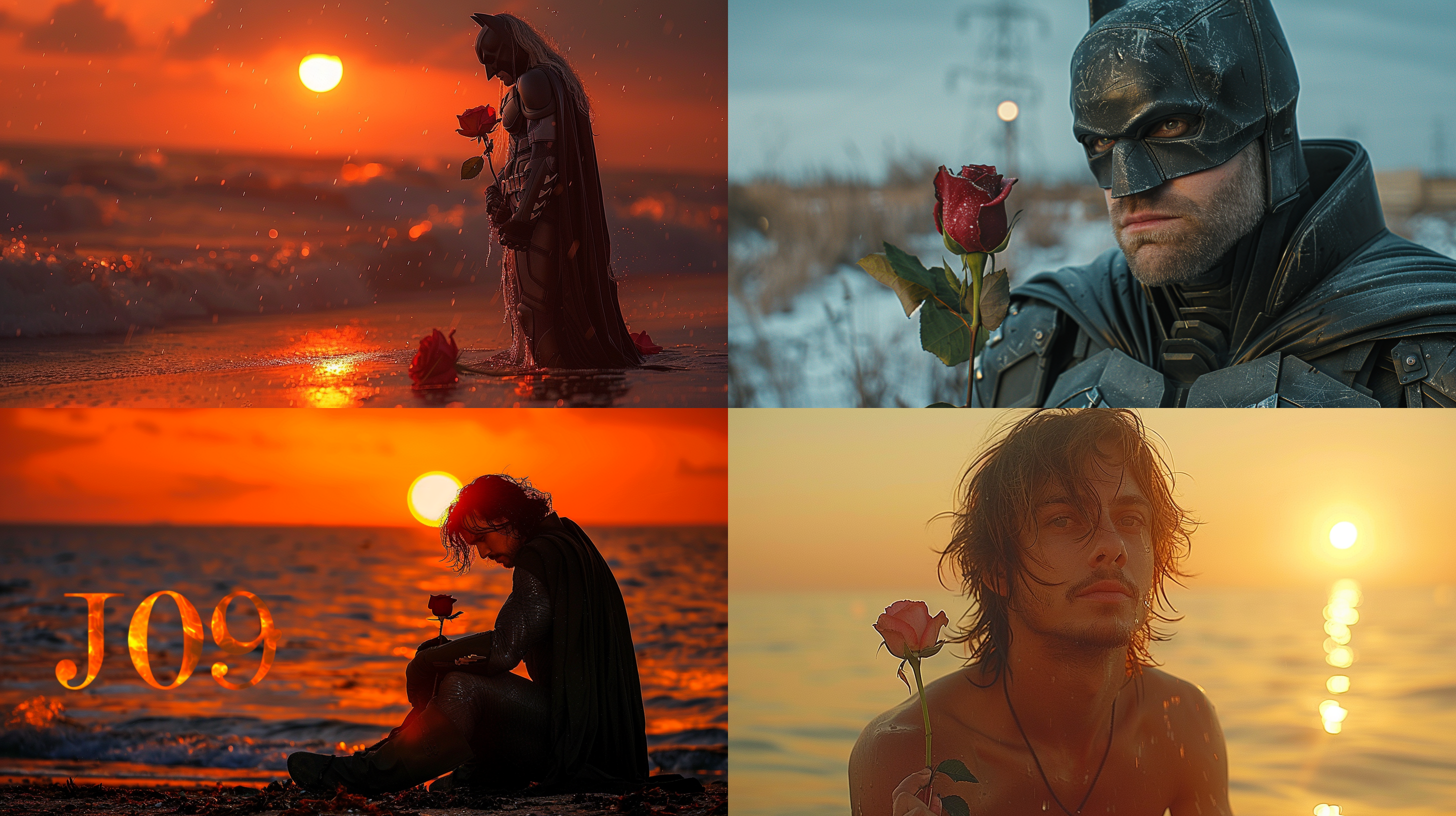 帅气的蝙蝠侠，手拿玫瑰花，看着镜头，背景有大海，全身照 深情表白，近景特写，逆光剪影，浪漫氛围，柔和光线，大光圈，浅景深，眼神交流，微笑，心动，温暖色彩，真挚情感。 正视 星空