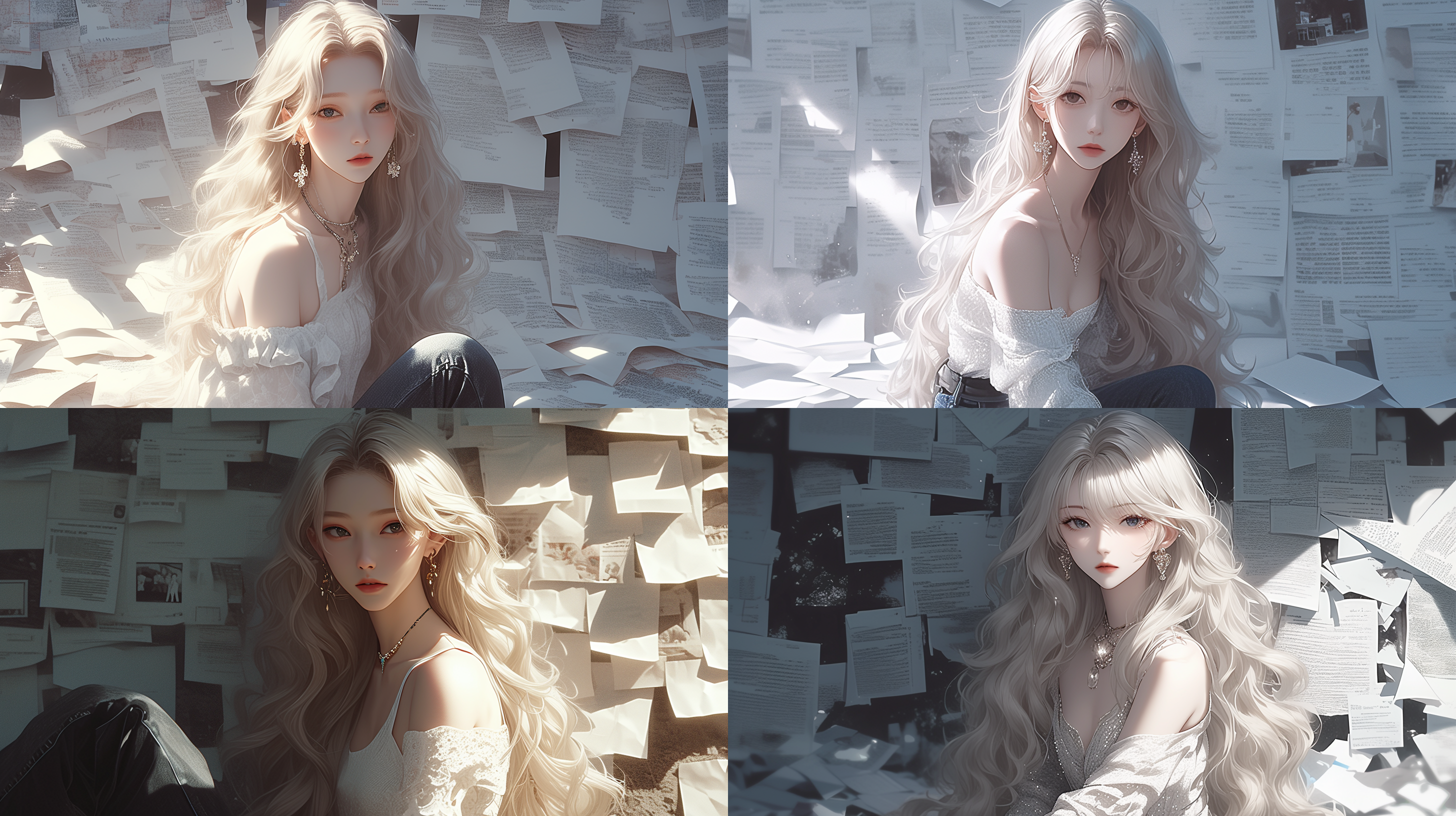 长发、白色上衣和牛仔裤的女孩坐在铺满纸张的地板上，美丽的动漫脸，卡哇伊审美，梦幻浪漫，k 流行偶像脸的风格，高分辨率，全身肖像，细致的五官，细致的眼睛，长长的睫毛，长长的眉毛，丰满的嘴唇，浅金色的长波浪发。