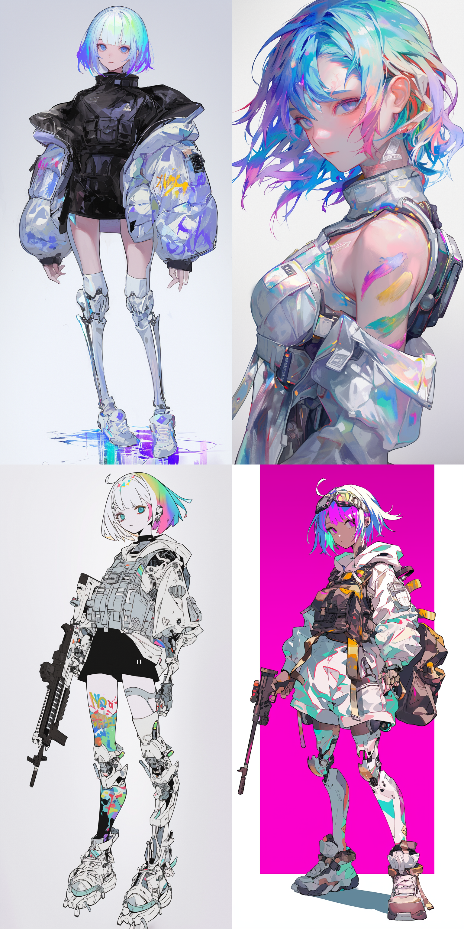 虹彩发色的短发少女，群青色眼睛，性格冷漠，白色防弹衣，白色彩漆涂鸦机械腿部，反曲式机械脚，二次元角色设计数字绘画，自设角色，设计图稿