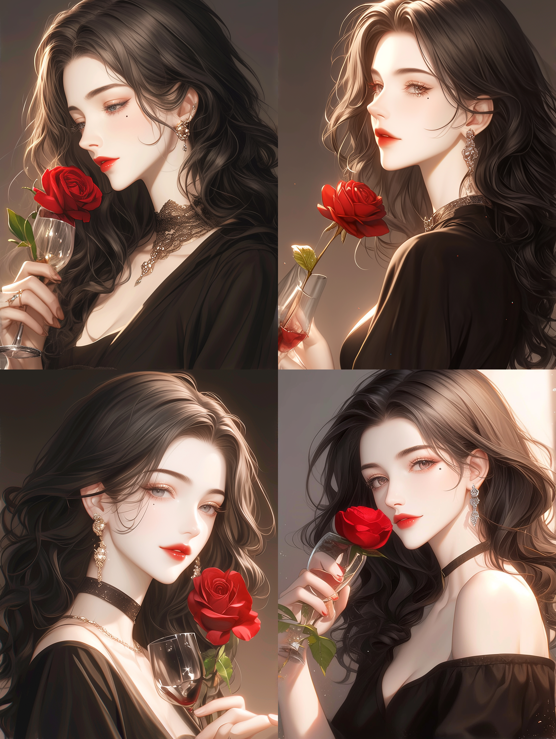 黑裙女子优雅侧影，波浪卷发轻拂，钻石耳环闪耀，红玫瑰轻握，酒杯半举，眼下泪痣点缀，红唇微启，神秘氛围，暗调背景，柔光渲染，长焦镜头，低角度，微距特写，优雅，神秘，浪漫，高贵，静谧，细腻，光影交错。