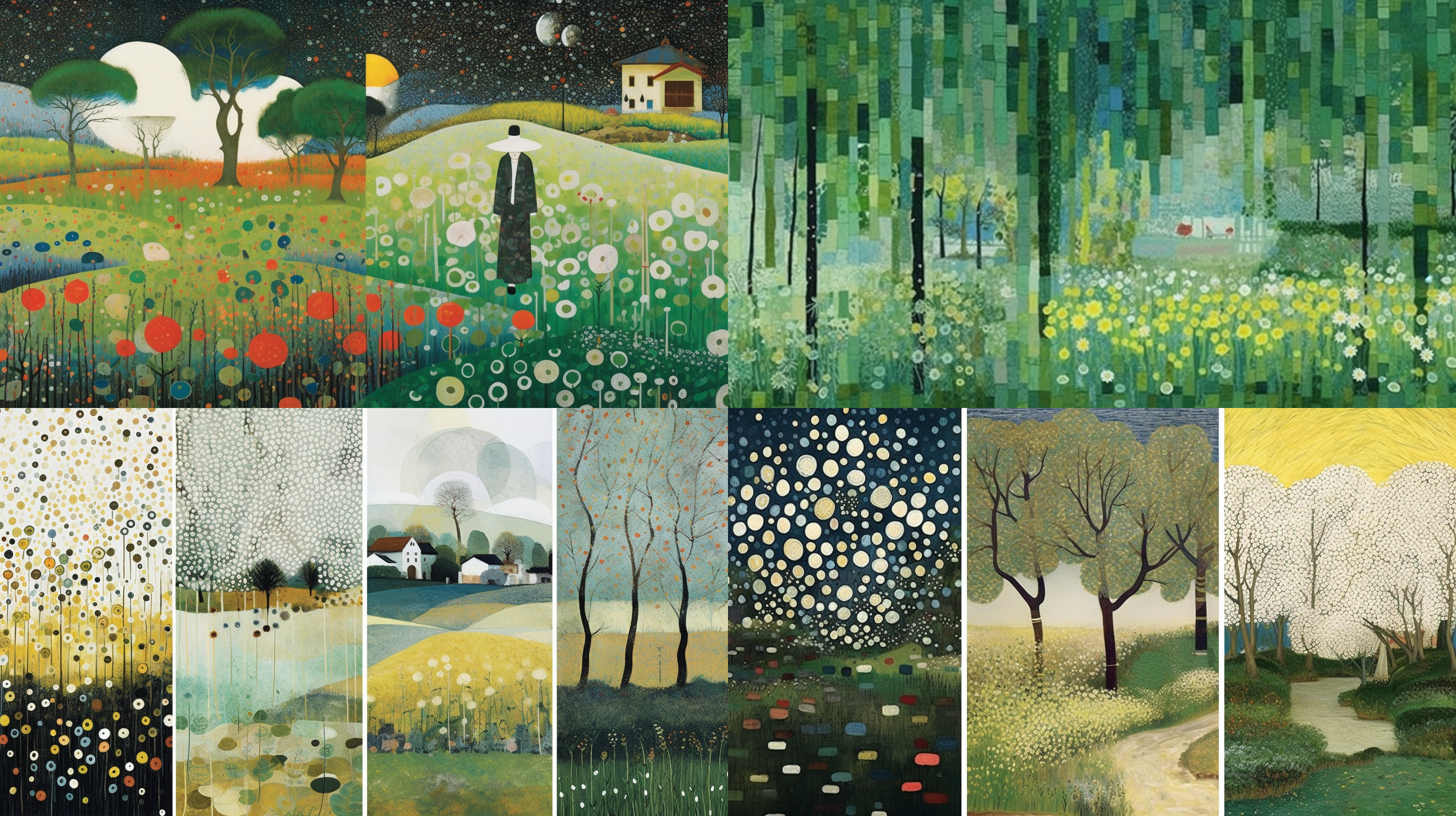画报，野地美树子mikiko noji，hye park，极简主义，层次版画，矢量插画，byzarina hashmi,春天的田野里的村庄，墨绿+浅白，梦幻，吴冠中，乔治修拉，梵高，点彩，东方诗画，浪漫古风，陈家泠，刺绣，流体油画，肌理，细节，质感，插图，负空间凹版版画，艺术，极简主义，油画，点彩，渐变，点矩阵，层次，生物发光，边缘发光，ascll art，光影生动，by georgia o'keeffe，by odilon redon，justin worsley，氛围感，完美的构图，杰作，在社交媒体上流行