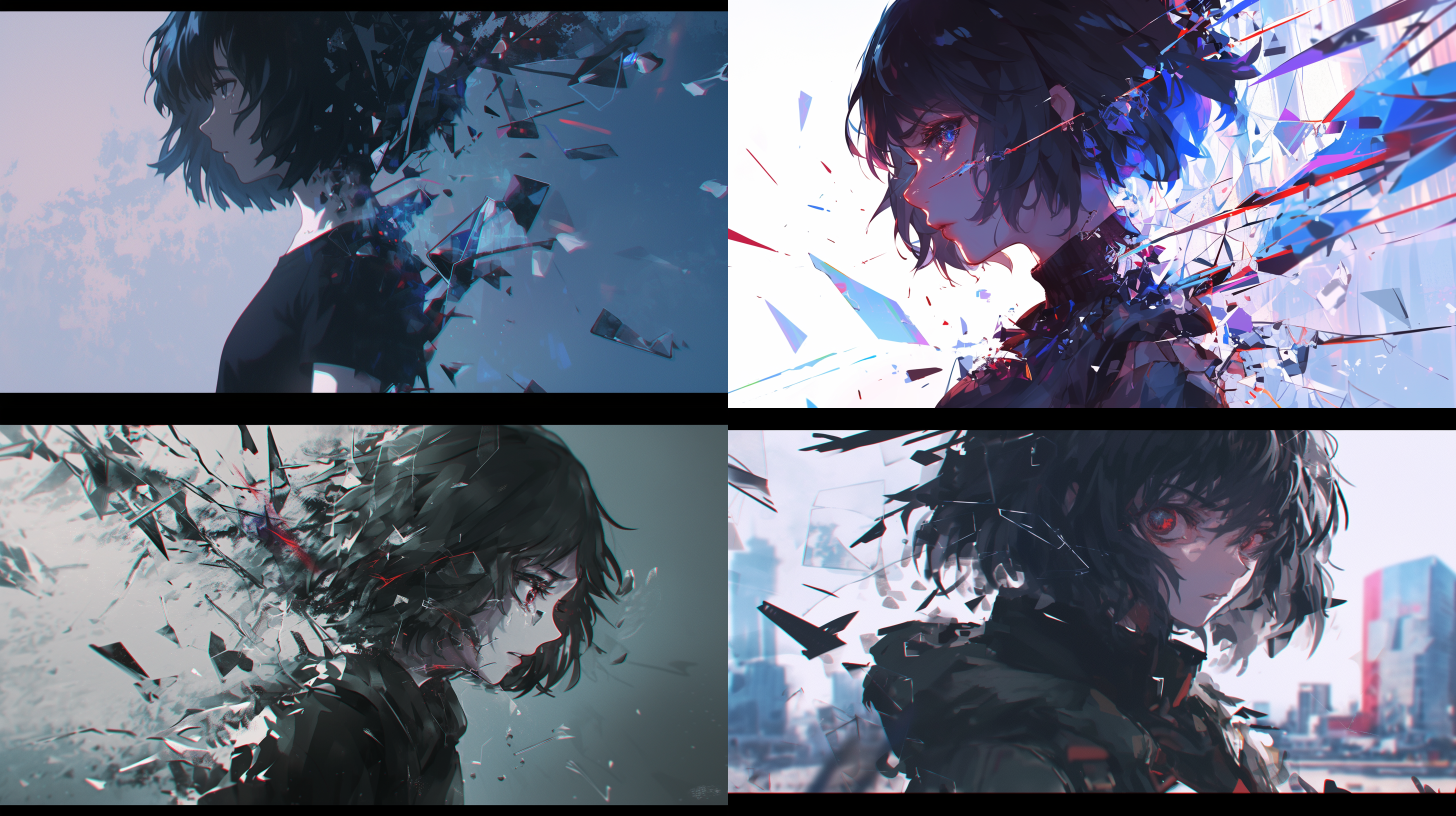 黑色短发的少女，崩溃的表情，陷入极大的震撼中，瞳孔缩小，破碎的街道，死亡的挚友，二次元城市人物插画数字绘画，人物侧面刻画，镜头破碎艺术，抽象蒙太奇，裸眼3d，强烈的绝望感，冷色调