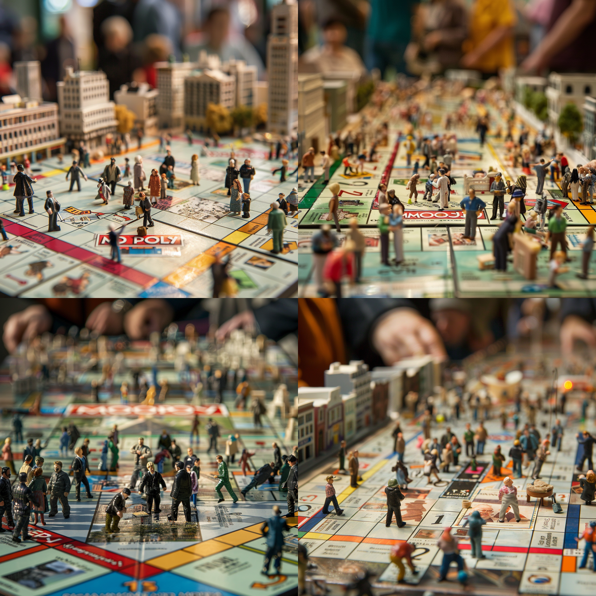 真人玩家 凑近观看在仿真建筑的大富翁棋盘里生活娱乐的许多小人/电影画幅/1.85：1/广角