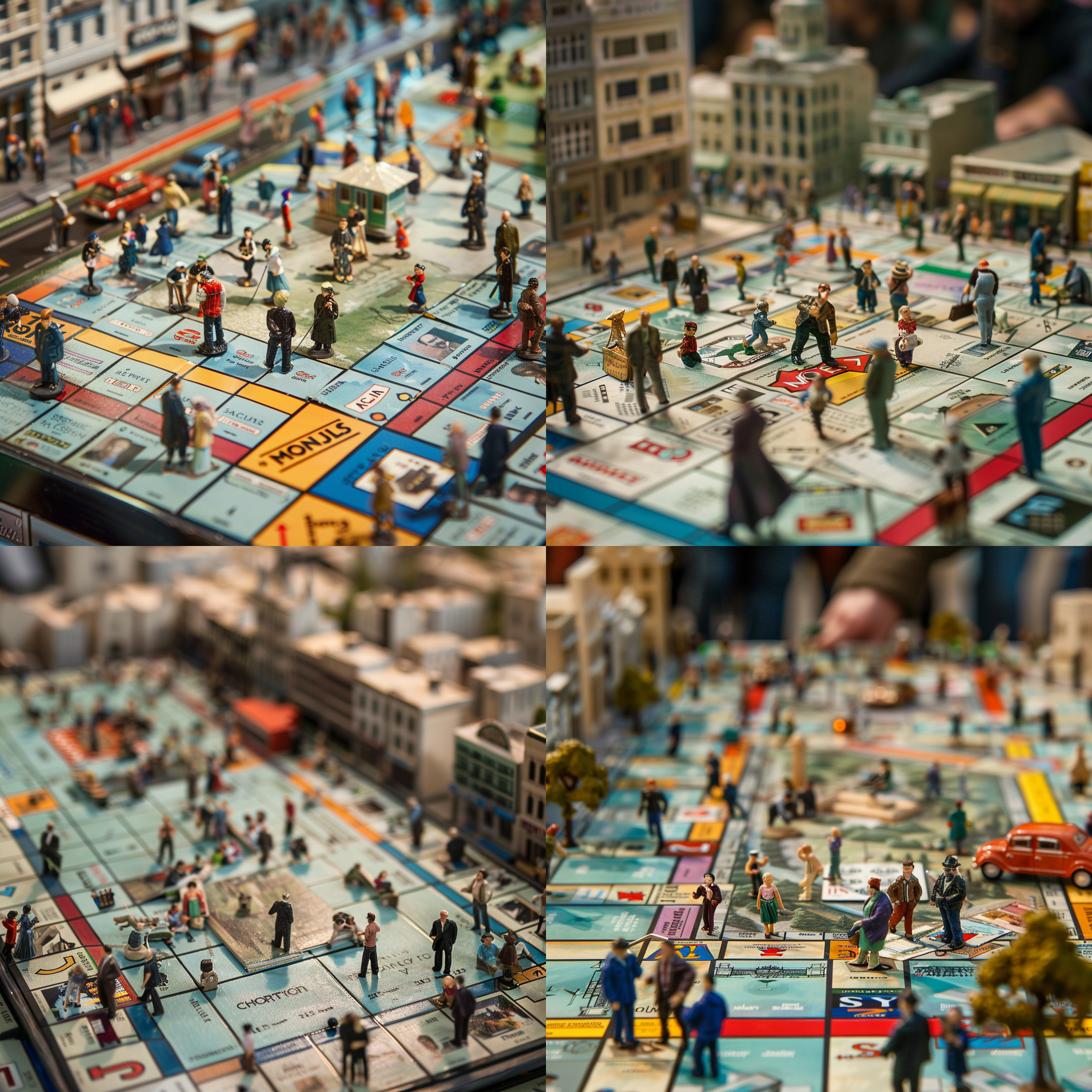 真人玩家 凑近观看在仿真建筑的大富翁棋盘里生活娱乐的许多小人/电影画幅/1.85：1/广角