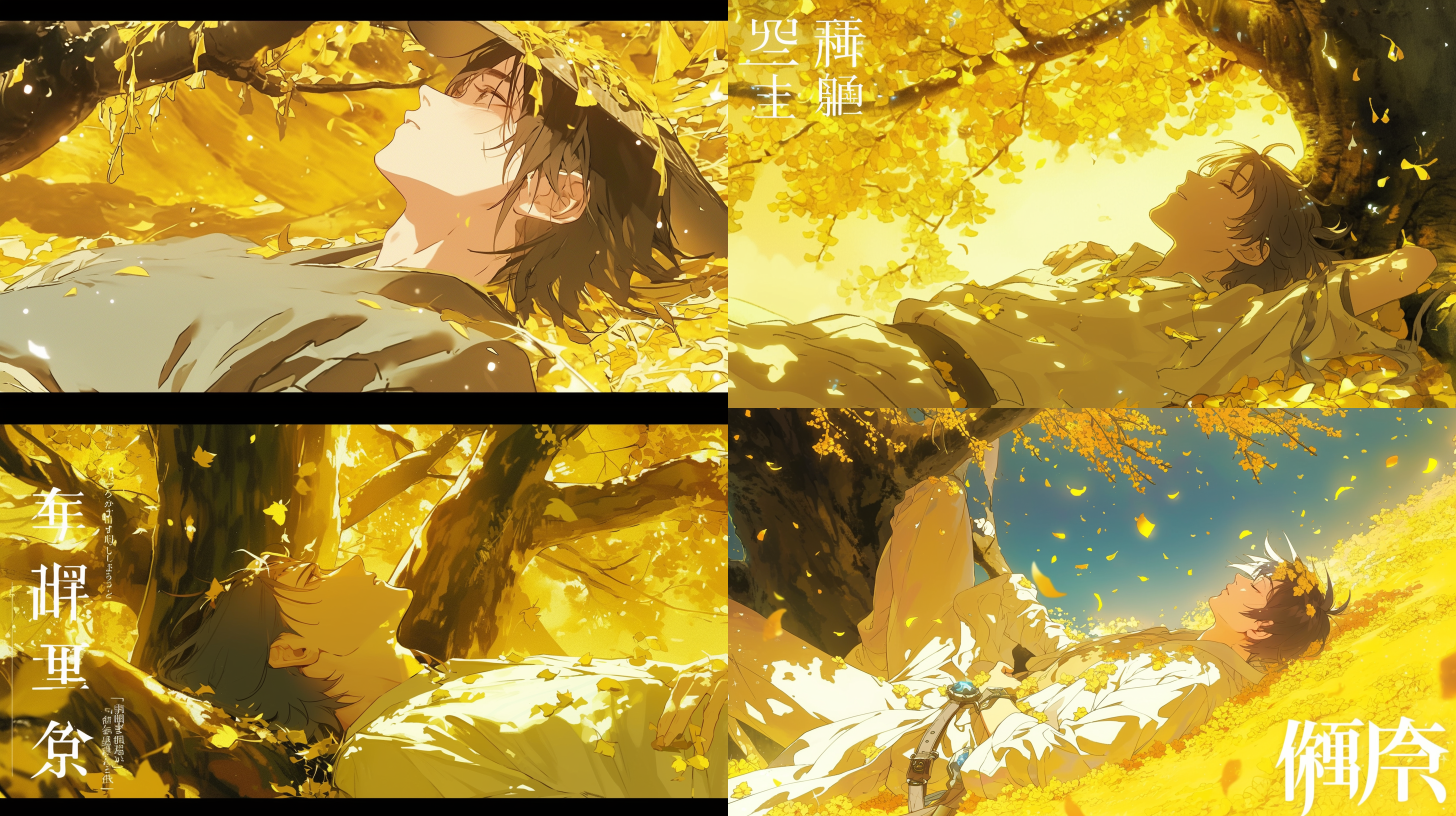 帅气少年侧躺在一颗金色的树下，逆光拍摄，暖色调，细节丰富，自然风光，金色叶子，柔和光线，放松表情，悠闲。