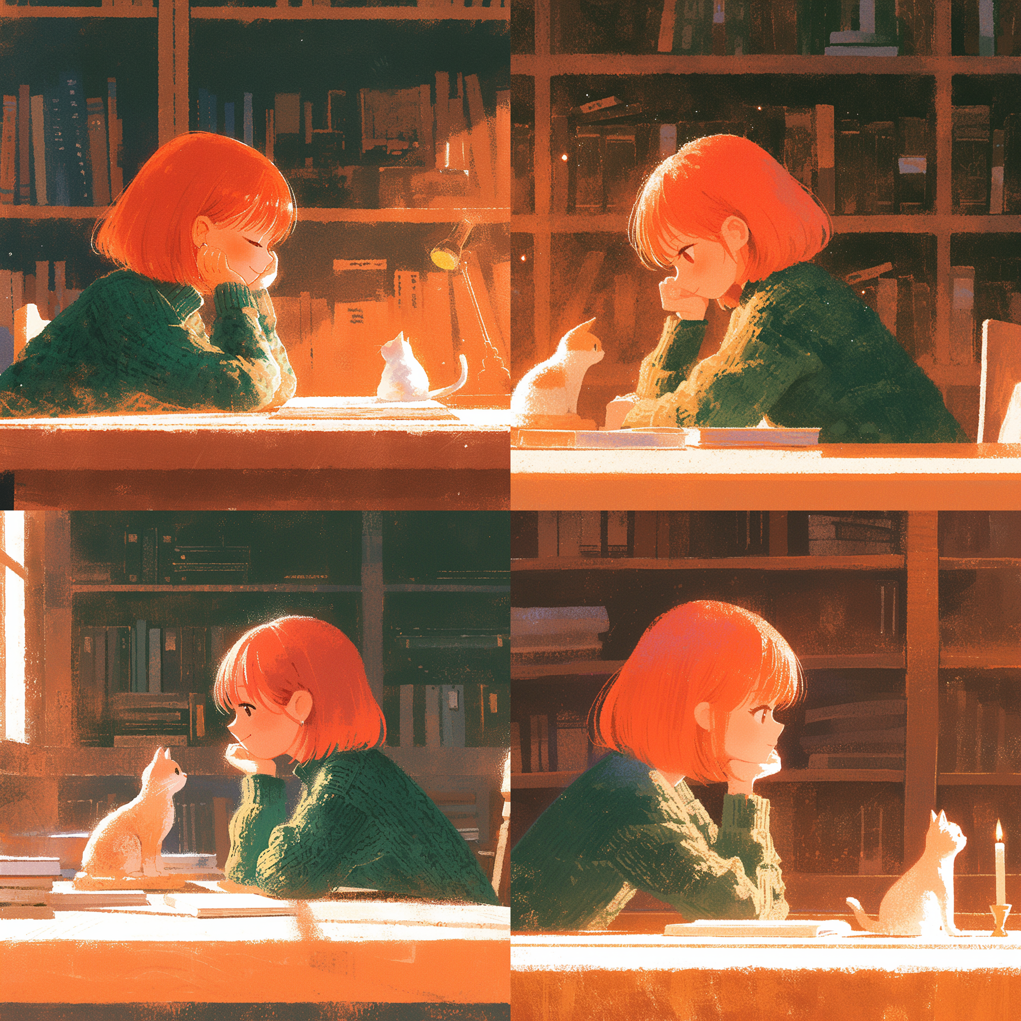 可爱小女孩和她的猫，简约插画风格，快乐，温馨，明亮色调，对称构图，室内环境，柔和侧光，50毫米定焦镜头，微笑，温馨，亲密。