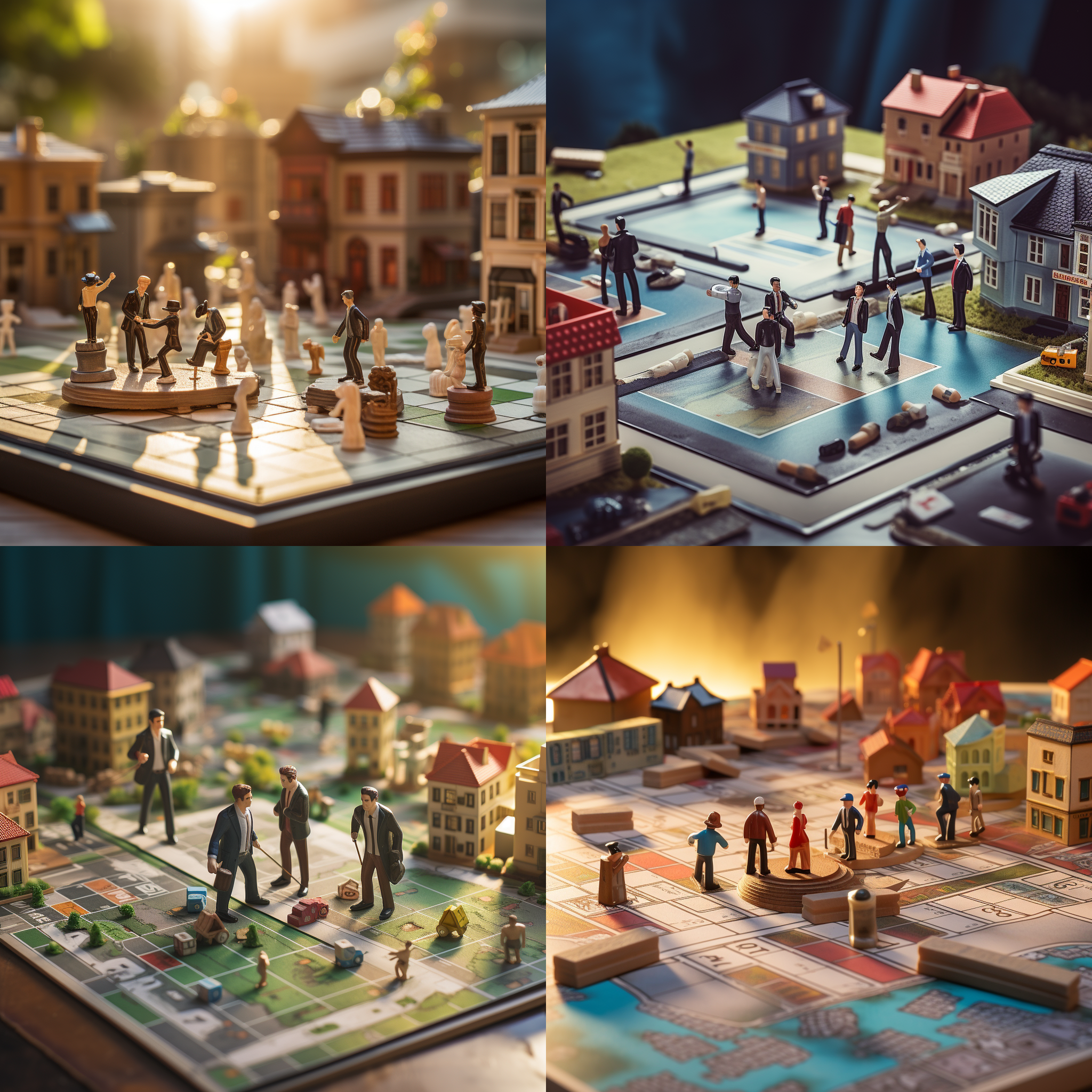 真人玩家，近景，仿真建筑，大富翁棋盘，小人，欣赏，观看，交互，户外环境，逆光，微距镜头，明亮色调，好奇。