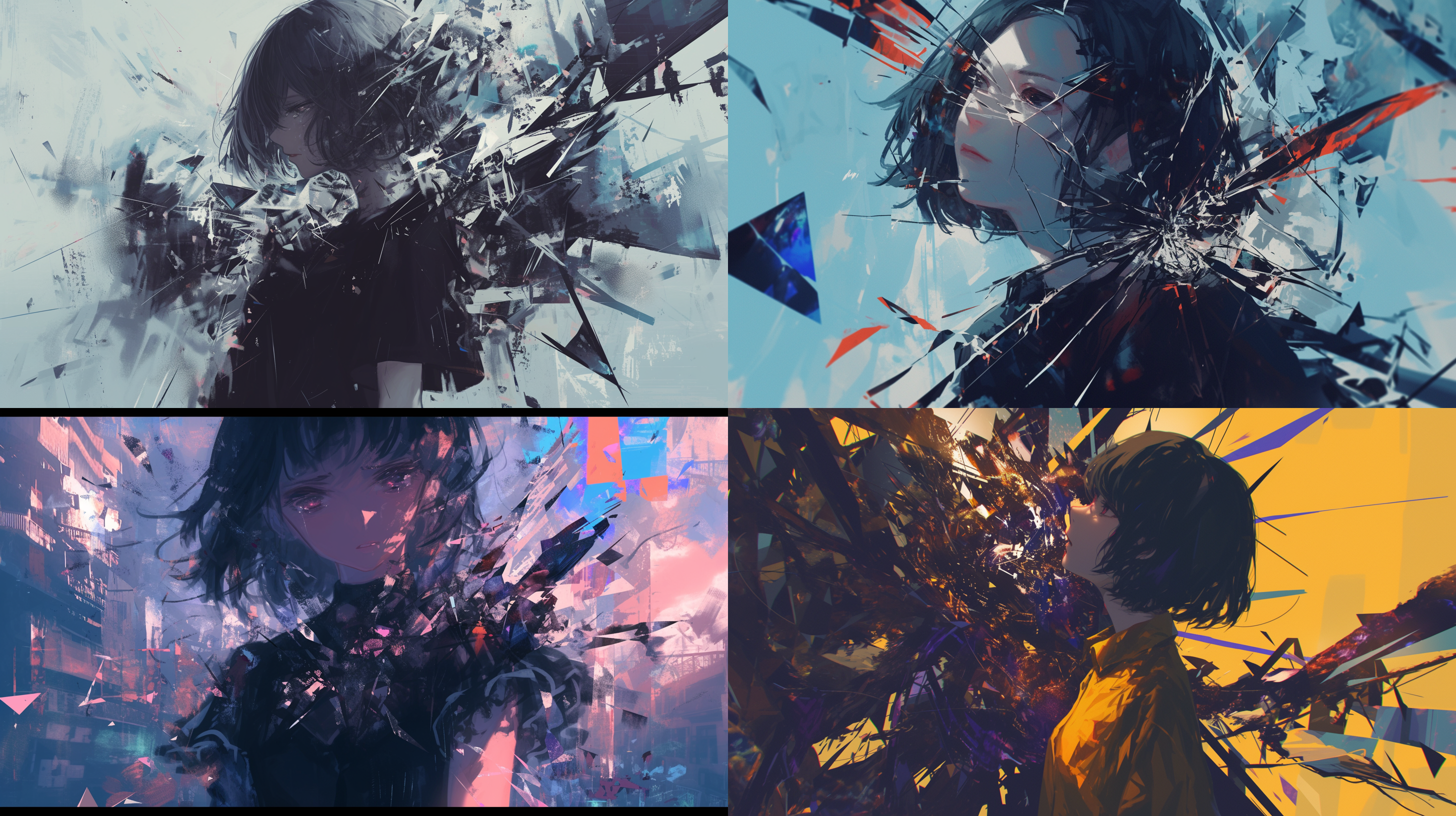 黑色短发的少女，崩溃的表情，陷入极大的震撼中，瞳孔缩小，破碎的街道，死亡的挚友，二次元城市人物插画数字绘画，镜头破碎剪辑，抽象蒙太奇，裸眼3d