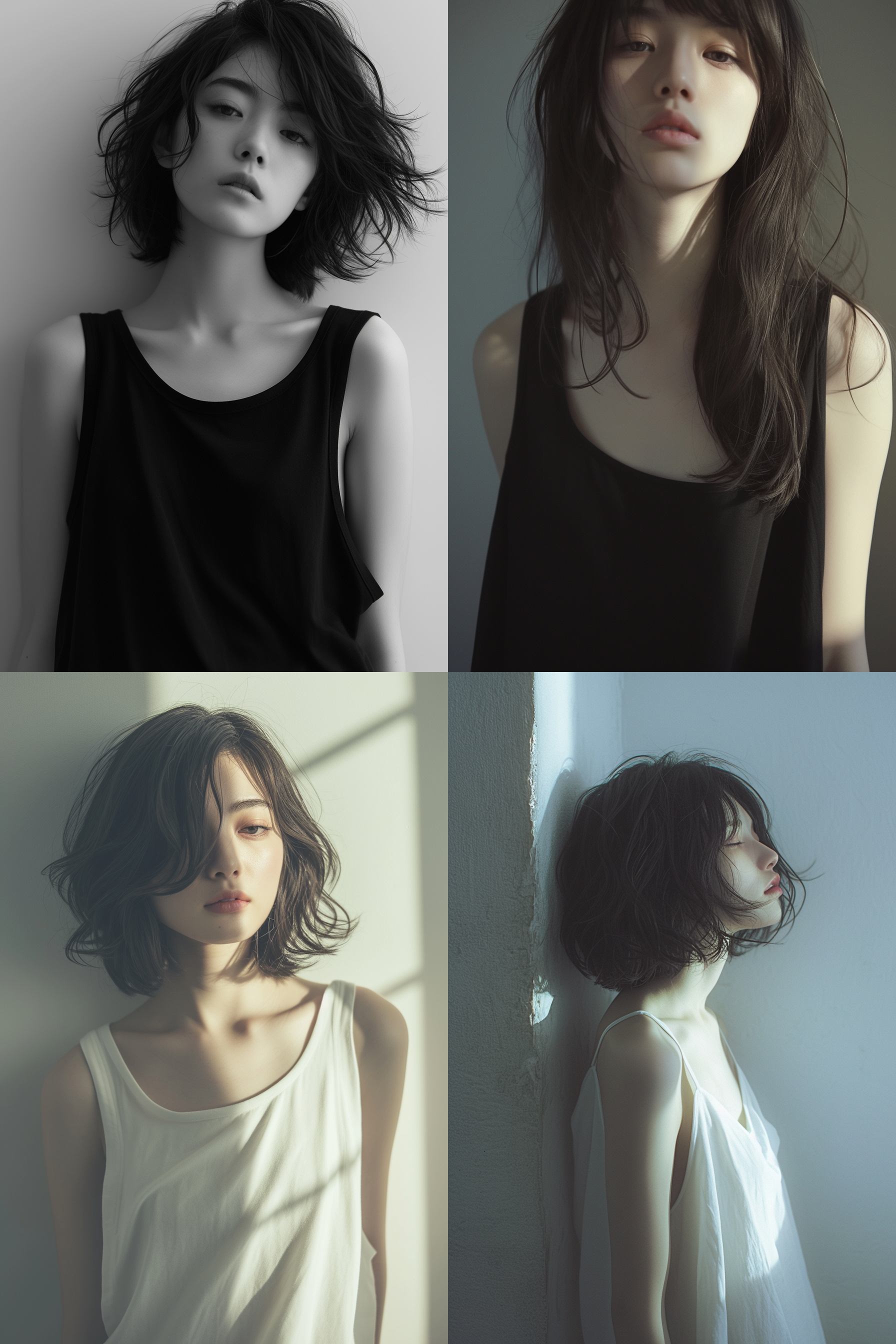 fine art photography of a beautiful japanese woman ingrey long tank top standing against the white wall, inthe style of lvan kramskoi, dynamic pose, alternativeangle, photorealistic, hyperrealism, cinematic, coarsefilm grain