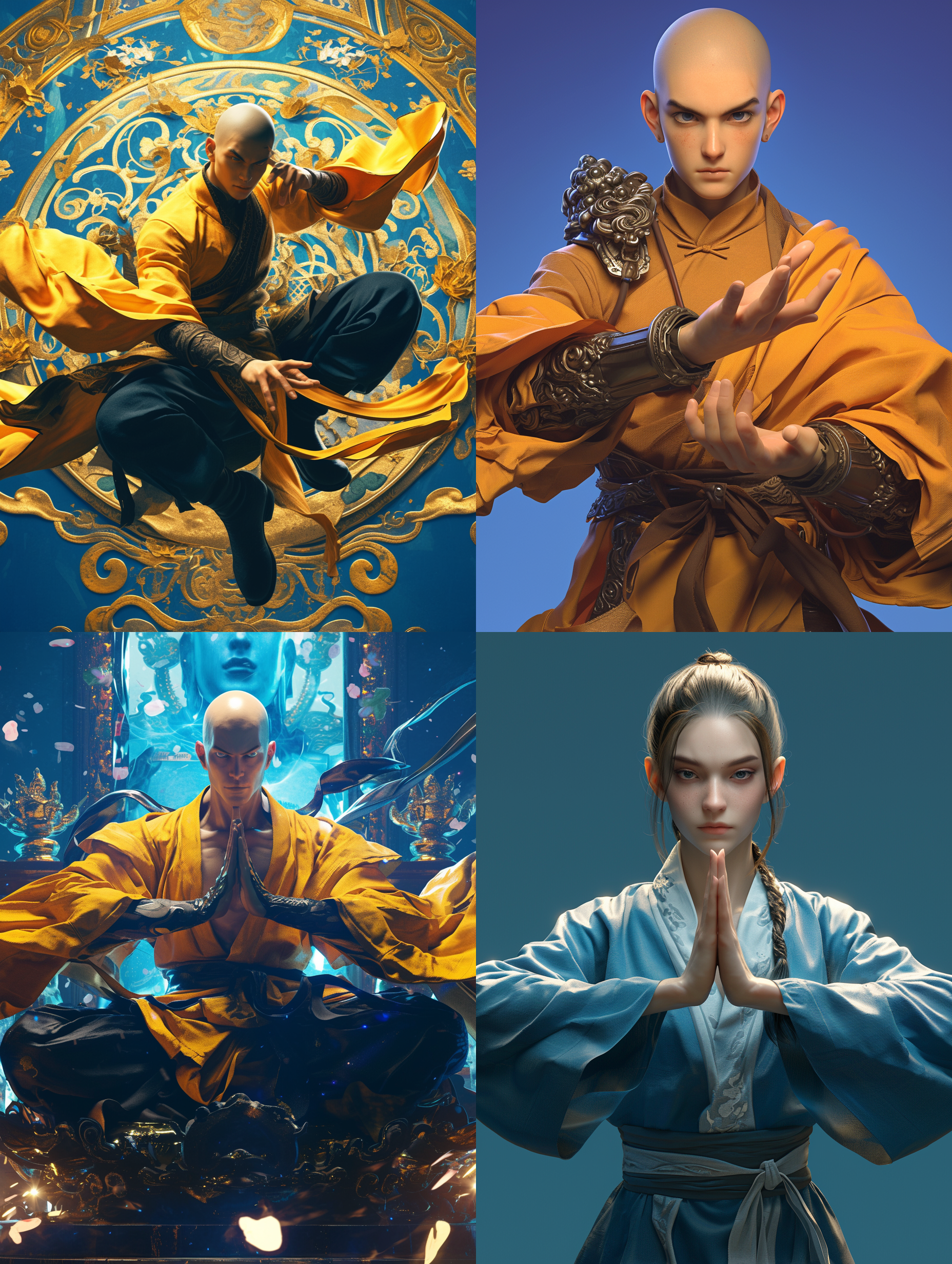 武僧c4d建模，高清，4k，精致面容，正确的手指，佛像虚影背景，灿烂，宏大, 蓝色调，超广角镜头，侧光，静态姿势，庄严。